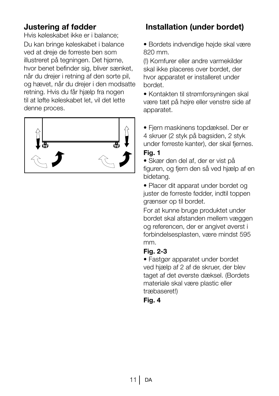 Justering af fødder, Installation (under bordet) | Beko TSE 1282 User Manual | Page 77 / 89