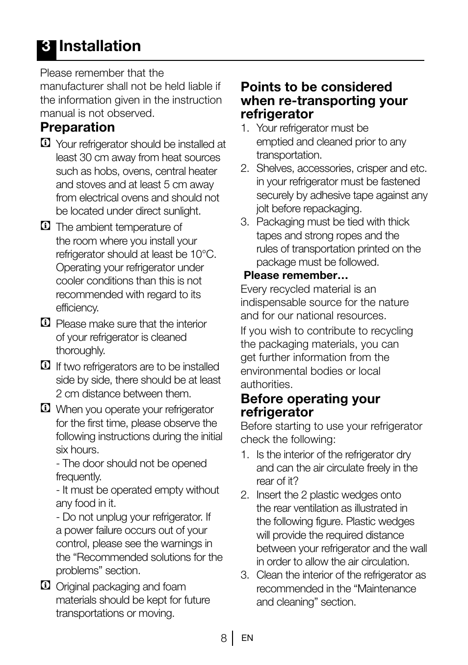 3installation, Preparation c, Before operating your refrigerator | Beko TSE 1282 User Manual | Page 9 / 89