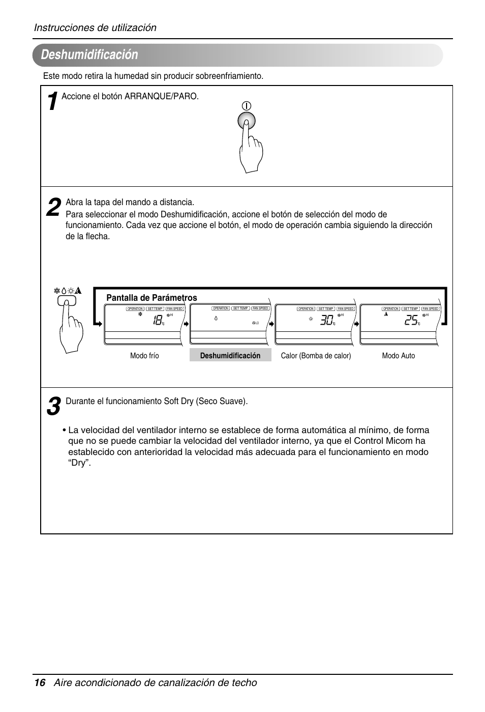 Deshumidificación, Pantalla de parámetros, Accione el botón arranque/paro | LG MB09AHB User Manual | Page 16 / 31