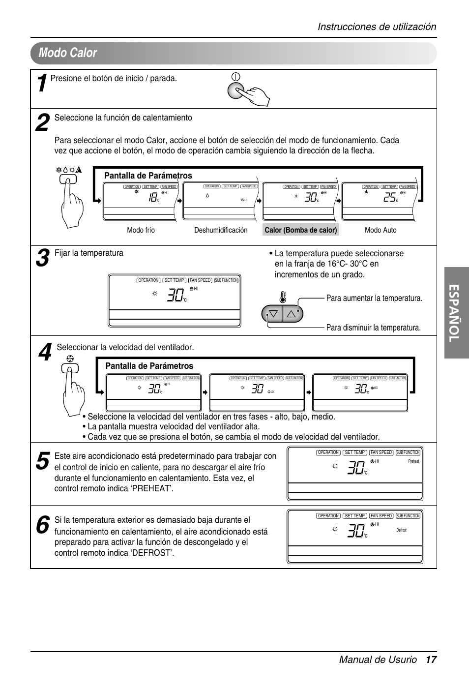 Español, Modo calor, Manual de usurio 17 | Instrucciones de utilización, Pantalla de parámetros, Fijar la temperatura, Seleccionar la velocidad del ventilador | LG MB09AHB User Manual | Page 17 / 31