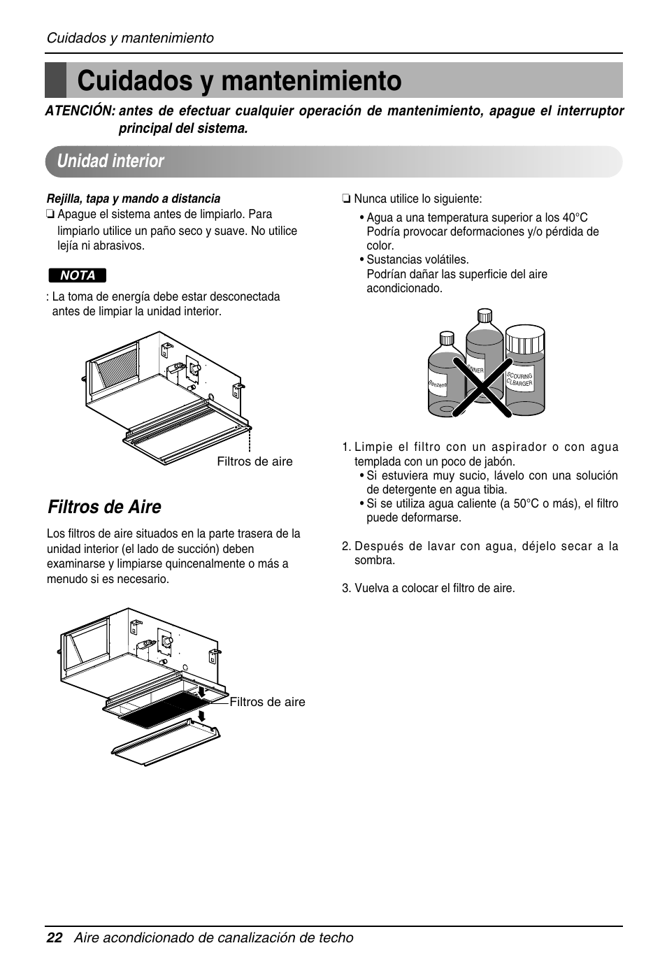 Cuidados y mantenimiento, Unidad interior, Filtros de aire | LG MB09AHB User Manual | Page 22 / 31