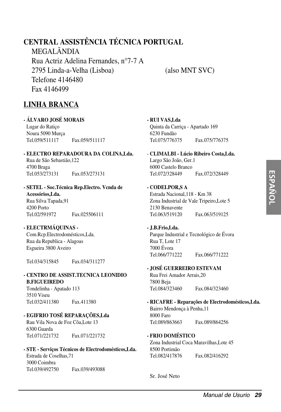 Español linha branca | LG MB09AHB User Manual | Page 29 / 31