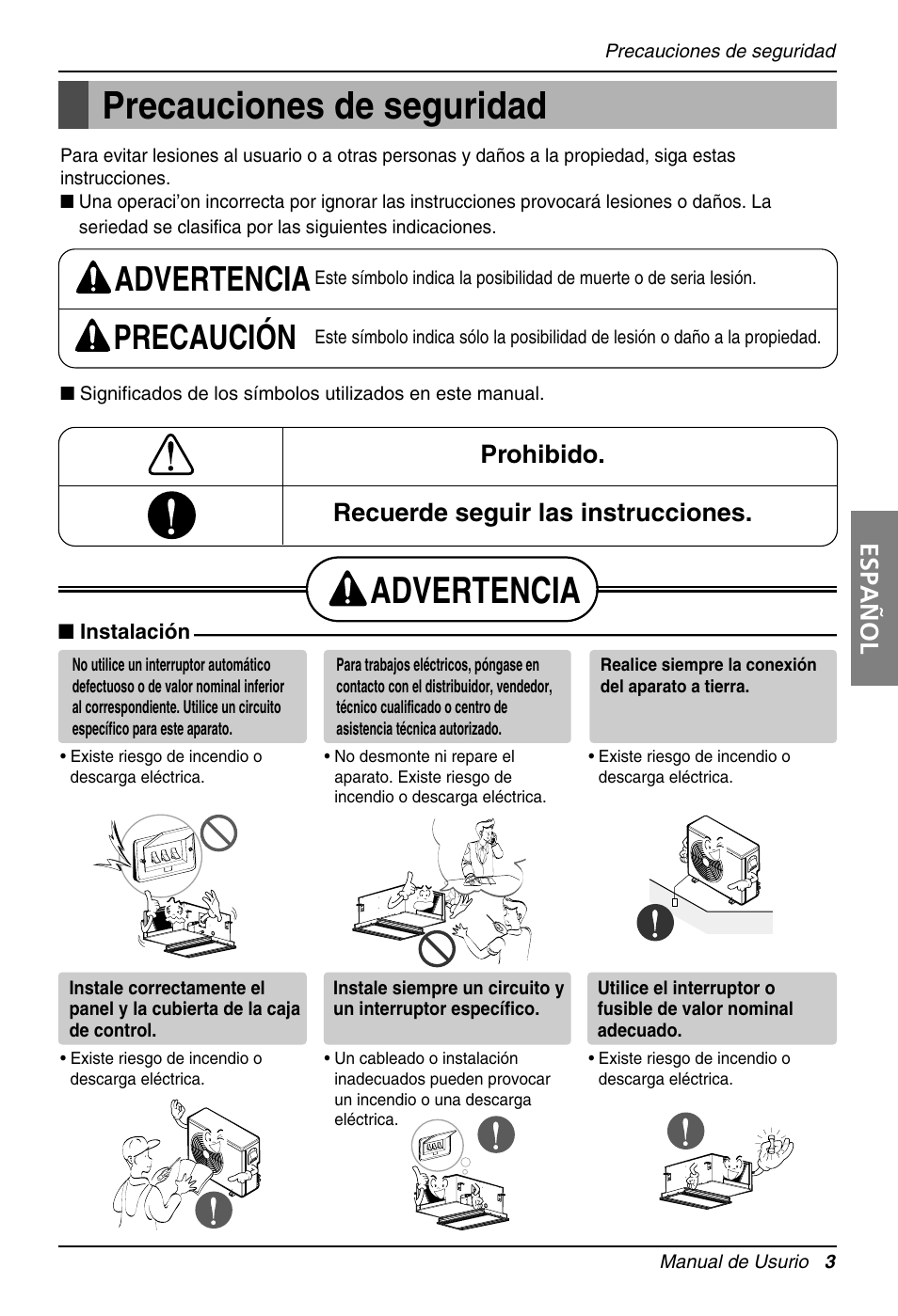 Precauciones de seguridad, Advertencia, Advertencia precaución | Español, Prohibido. recuerde seguir las instrucciones | LG MB09AHB User Manual | Page 3 / 31