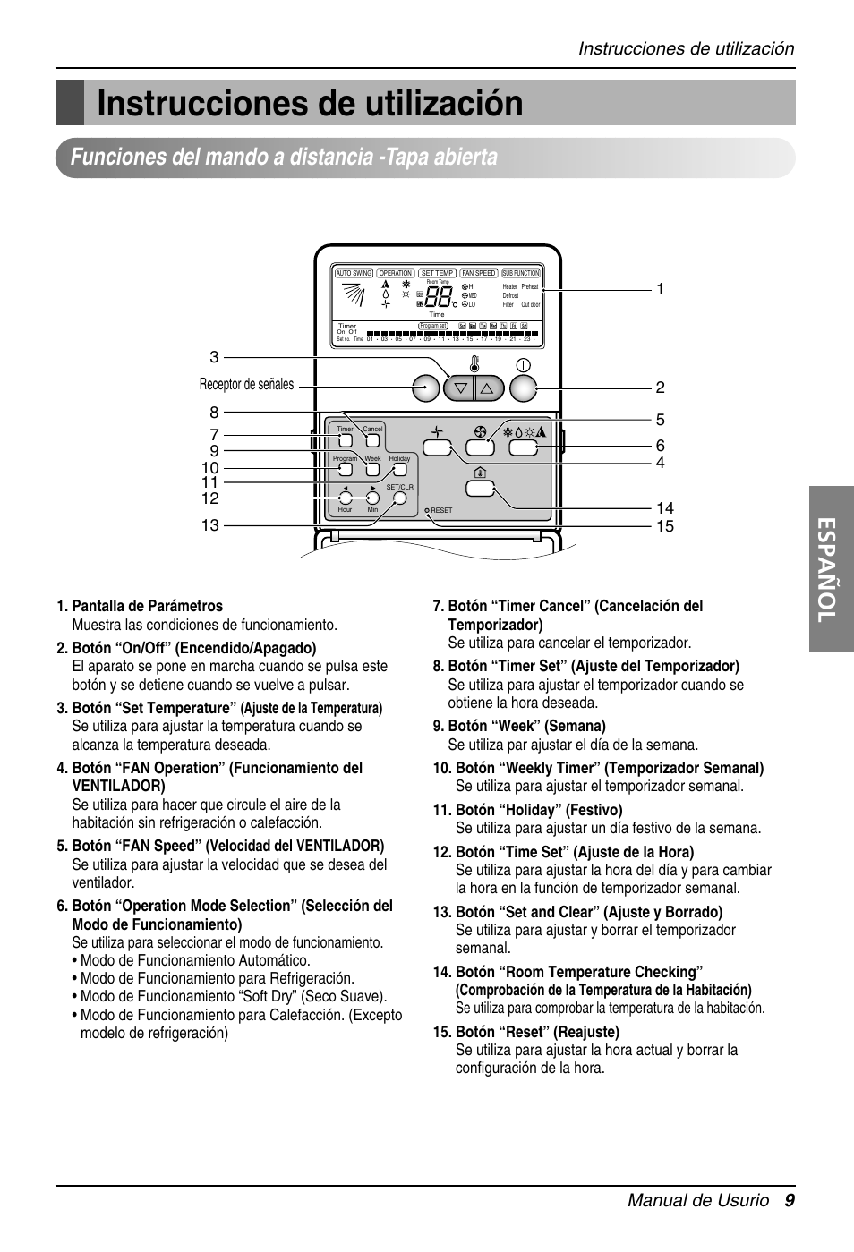 Español, Funciones del mando a distancia -tapa abierta, Manual de usurio 9 | Instrucciones de utilización, Receptor de señales | LG MB09AHB User Manual | Page 9 / 31