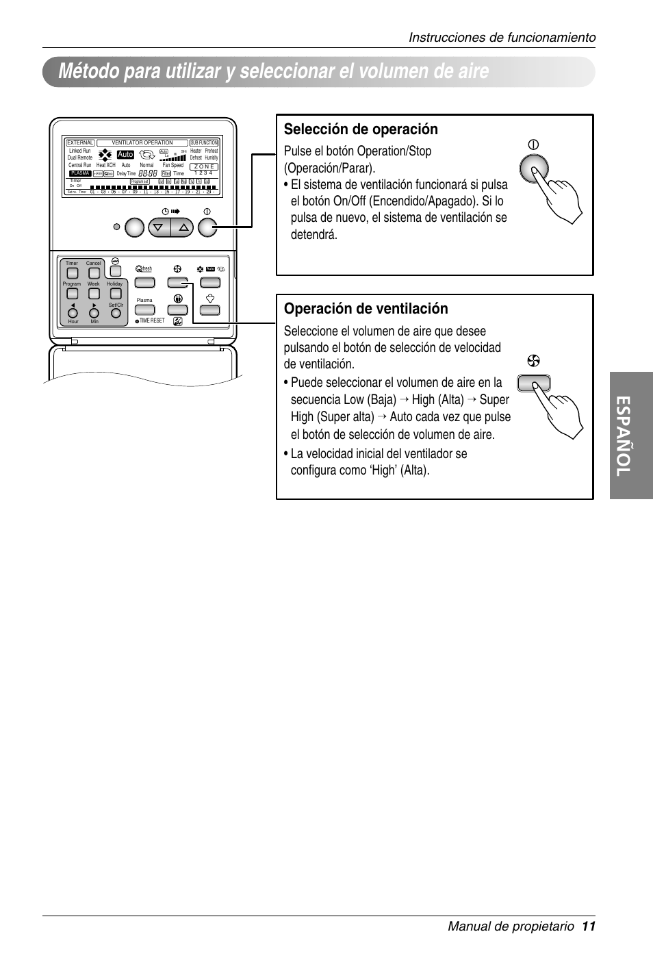 Español, Selección de operación, Operación de ventilación | LG LZ-H100GBA1 User Manual | Page 11 / 23