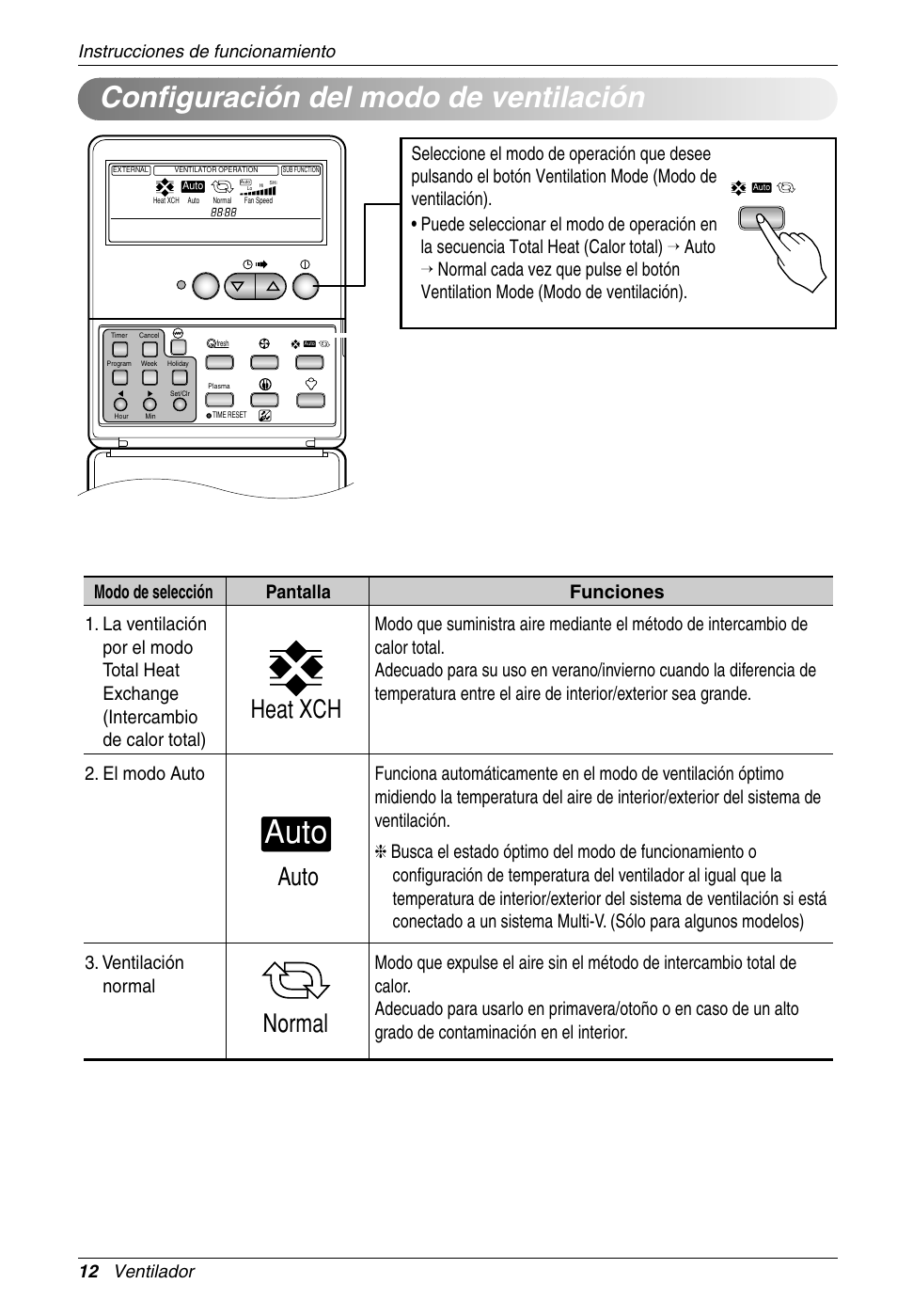 Auto, Configuración del modo de ventilación, Heat xch auto | Normal, 12 ventilador instrucciones de funcionamiento, Cover open status | LG LZ-H100GBA1 User Manual | Page 12 / 23