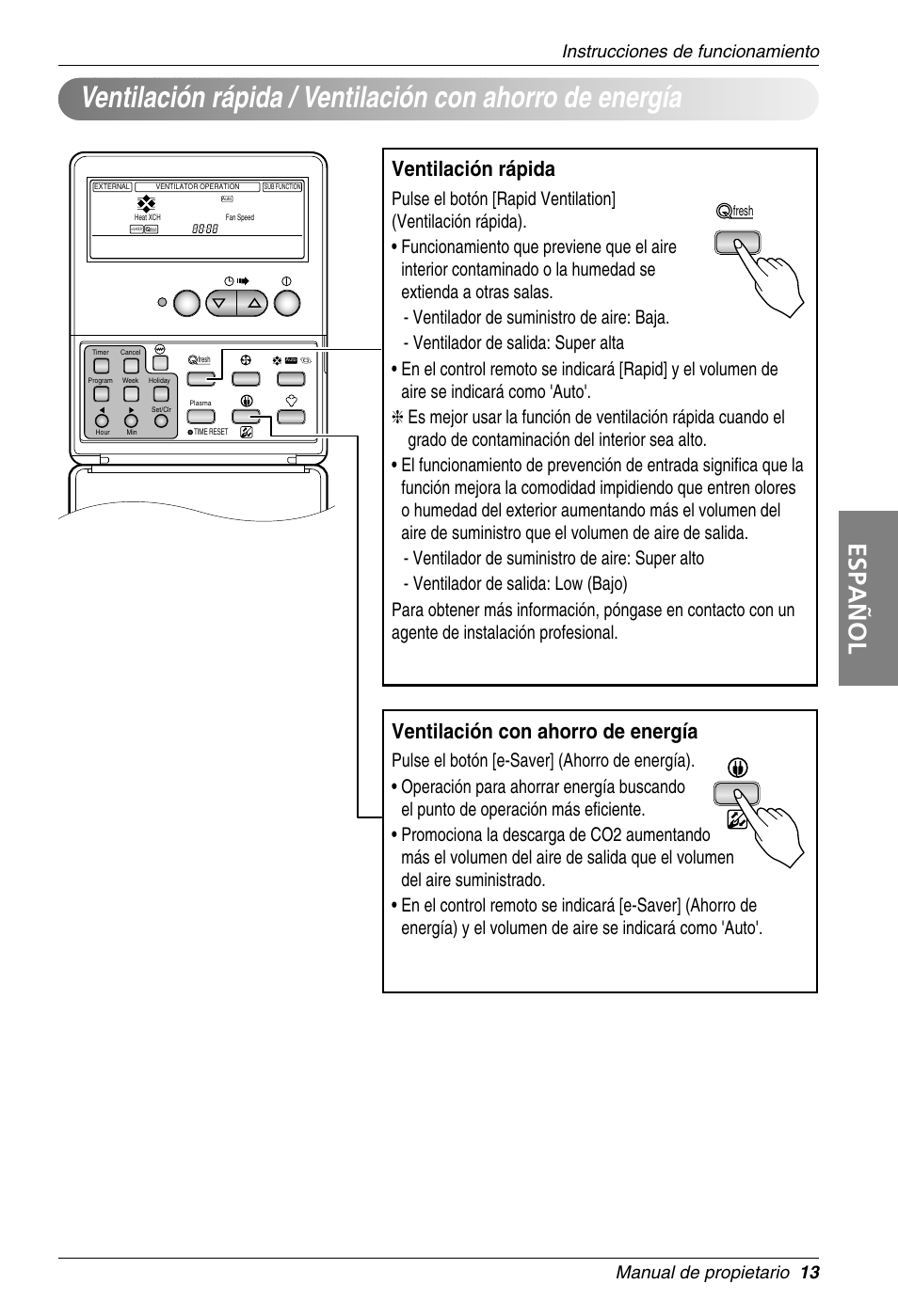 Español, Ventilación rápida, Ventilación con ahorro de energía | Cover open status | LG LZ-H100GBA1 User Manual | Page 13 / 23