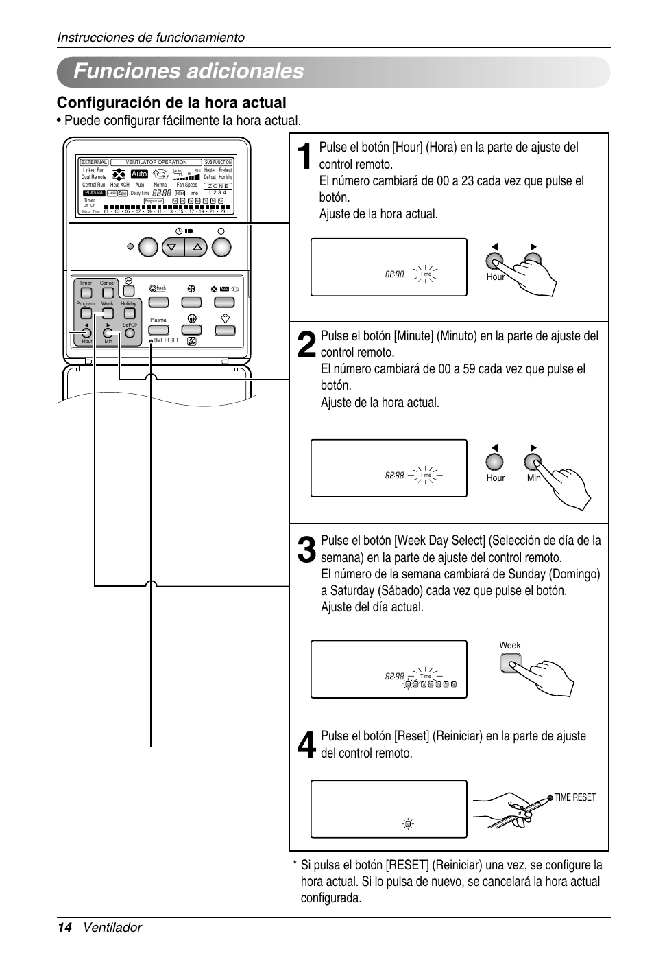 Funciones adicionales, Configuración de la hora actual, Puede configurar fácilmente la hora actual | 14 ventilador instrucciones de funcionamiento, Cover open status, Time reset, Week, Hour min hour min | LG LZ-H100GBA1 User Manual | Page 14 / 23