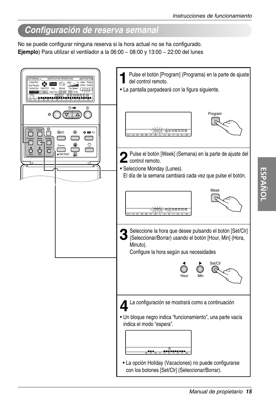 Configuración de reserva semanal, Español, Every function is not available by models | LG LZ-H100GBA1 User Manual | Page 15 / 23