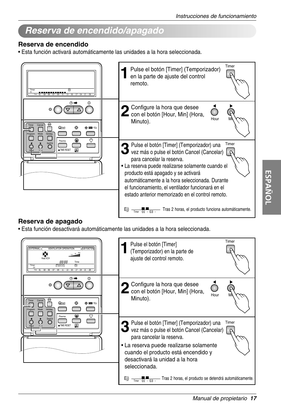 Reserva de encendido/apagado, Español, Reserva de encendido | Reserva de apagado, Cover open status | LG LZ-H100GBA1 User Manual | Page 17 / 23