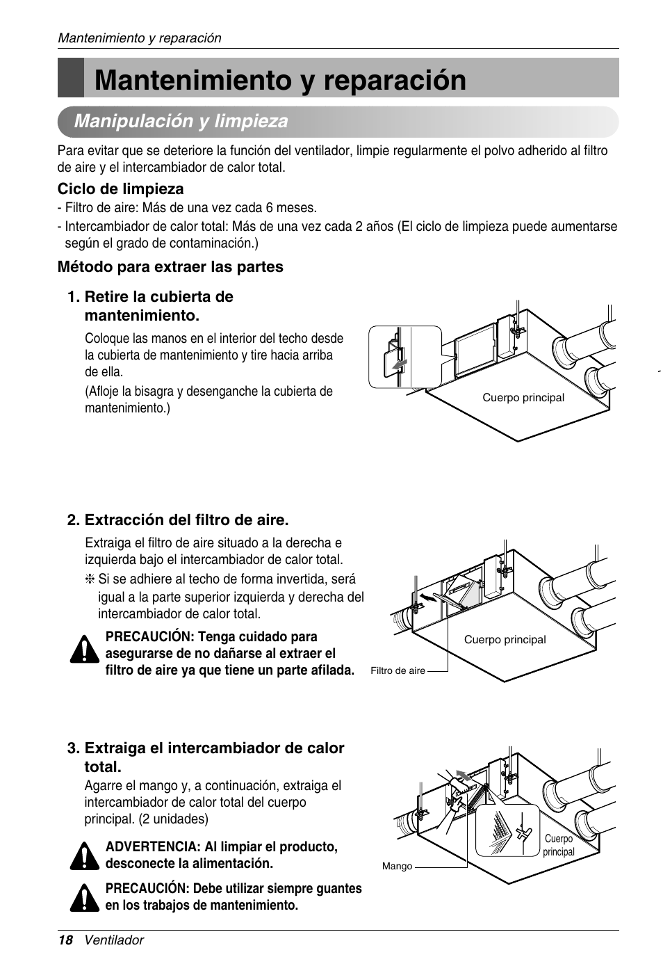 Mantenimiento y reparación, Manipulación y limpieza | LG LZ-H100GBA1 User Manual | Page 18 / 23