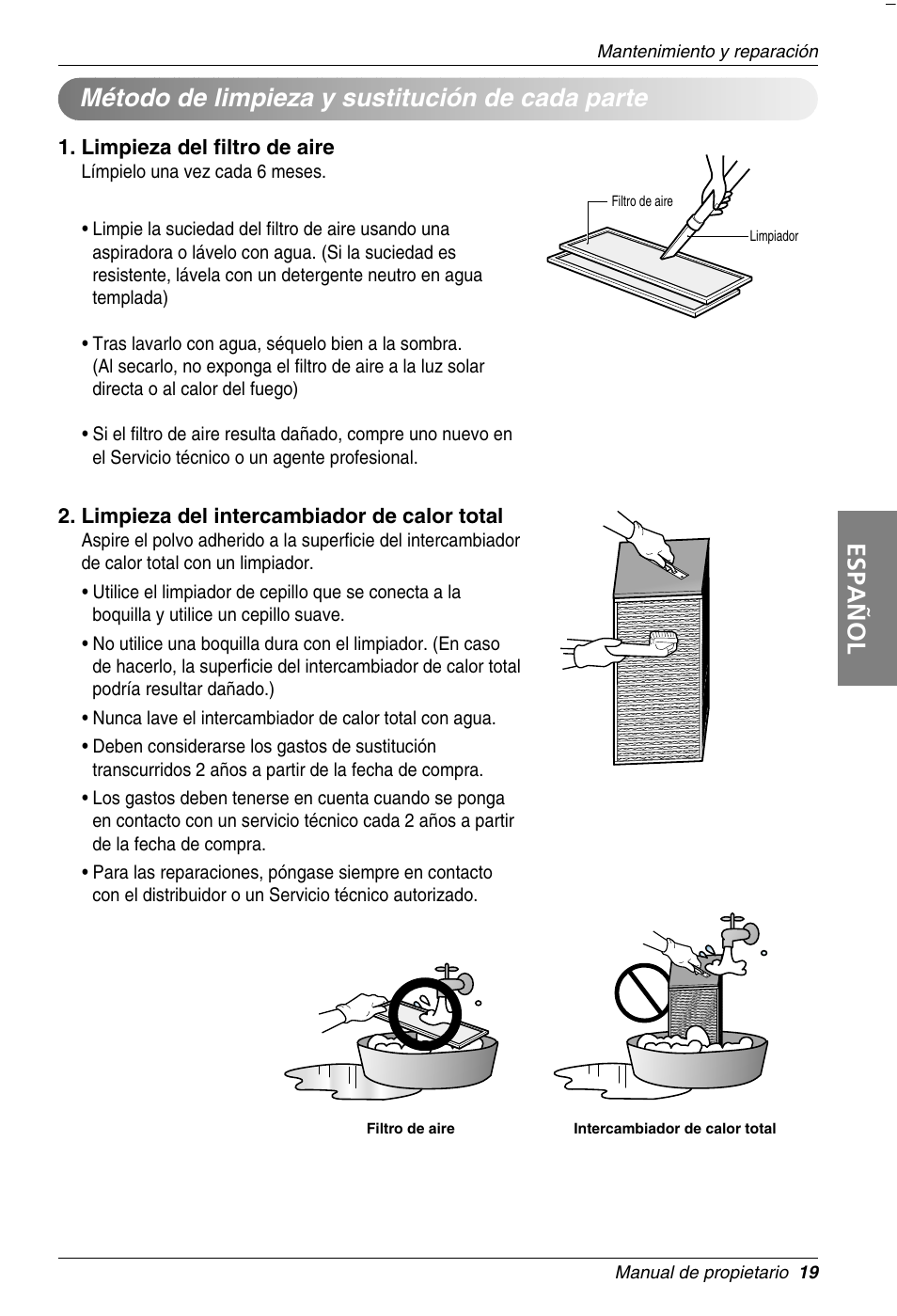 Español, Método de limpieza y sustitución de cada parte | LG LZ-H100GBA1 User Manual | Page 19 / 23