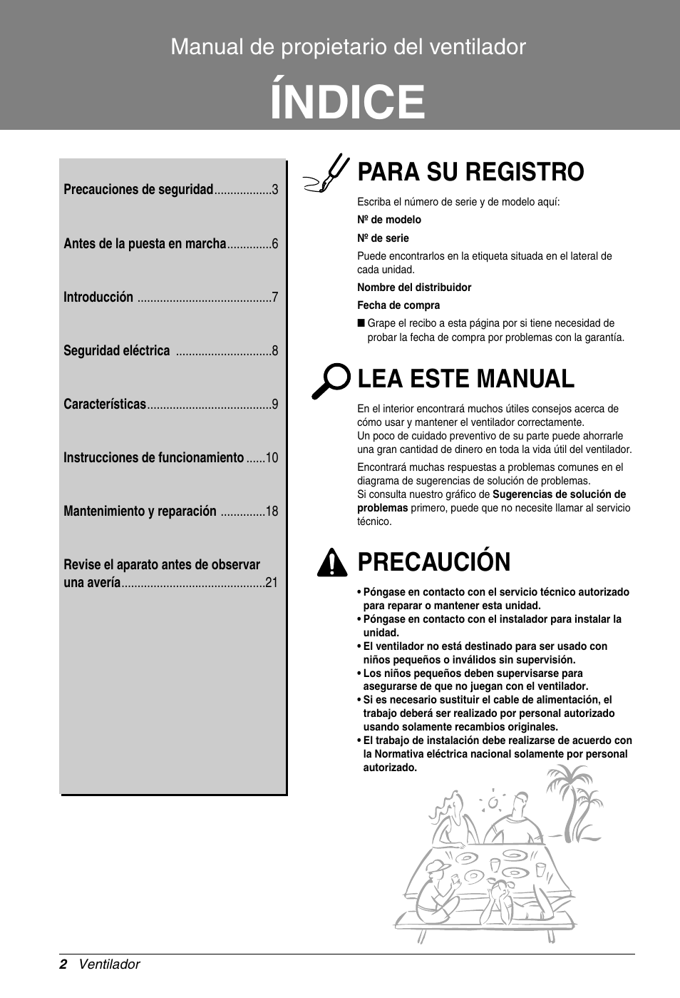 Índice, Para su registro, Lea este manual | Precaución, Manual de propietario del ventilador | LG LZ-H100GBA1 User Manual | Page 2 / 23