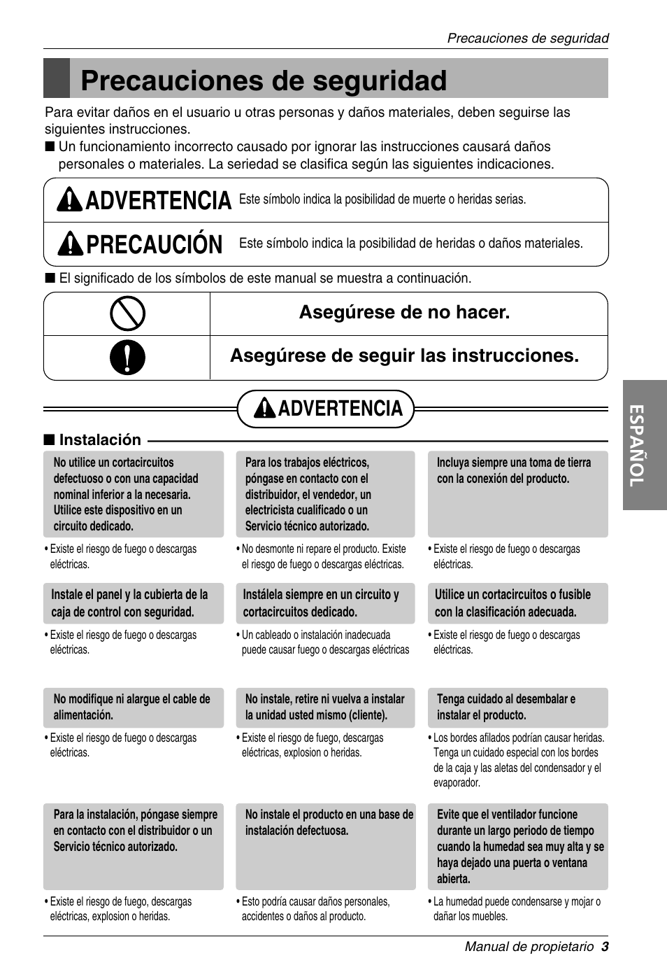 Precauciones de seguridad, Advertencia precaución, Advertencia | Español | LG LZ-H100GBA1 User Manual | Page 3 / 23