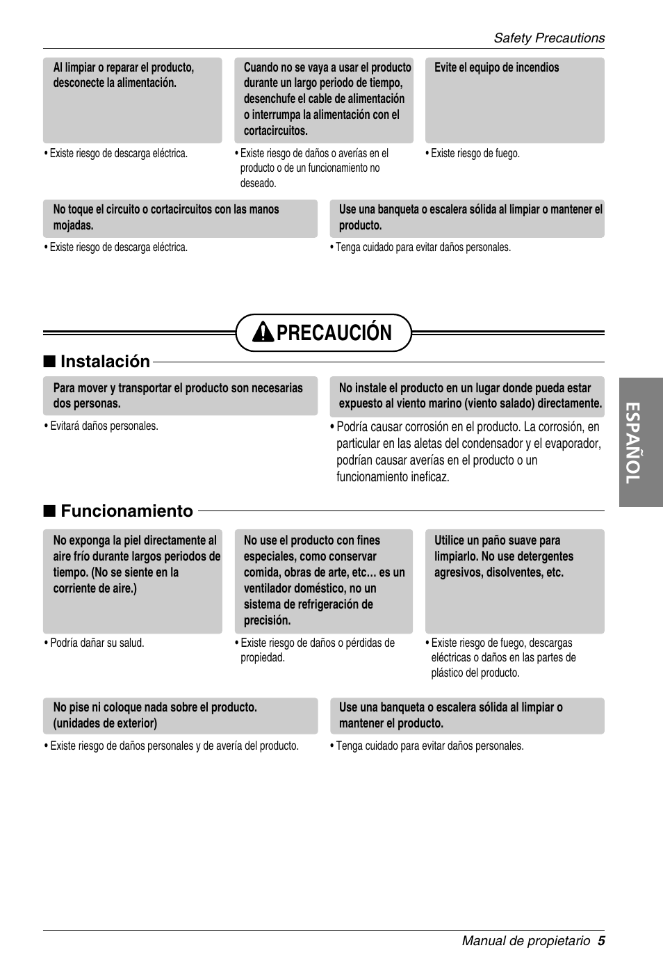 Precaución, Español, Instalación | Funcionamiento | LG LZ-H100GBA1 User Manual | Page 5 / 23