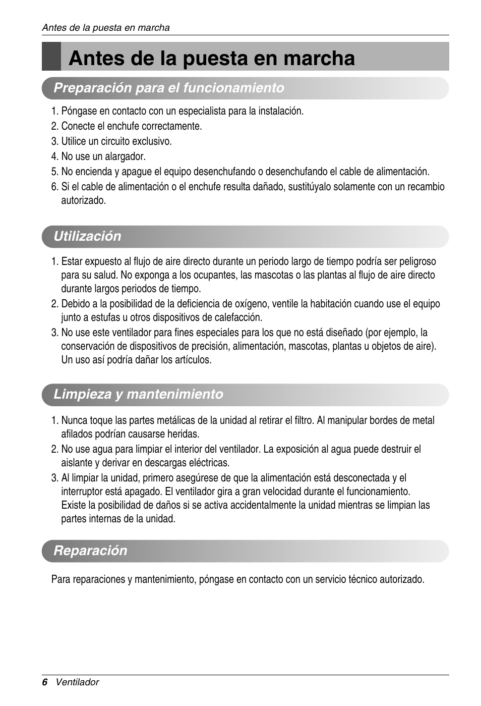 Antes de la puesta en marcha | LG LZ-H100GBA1 User Manual | Page 6 / 23