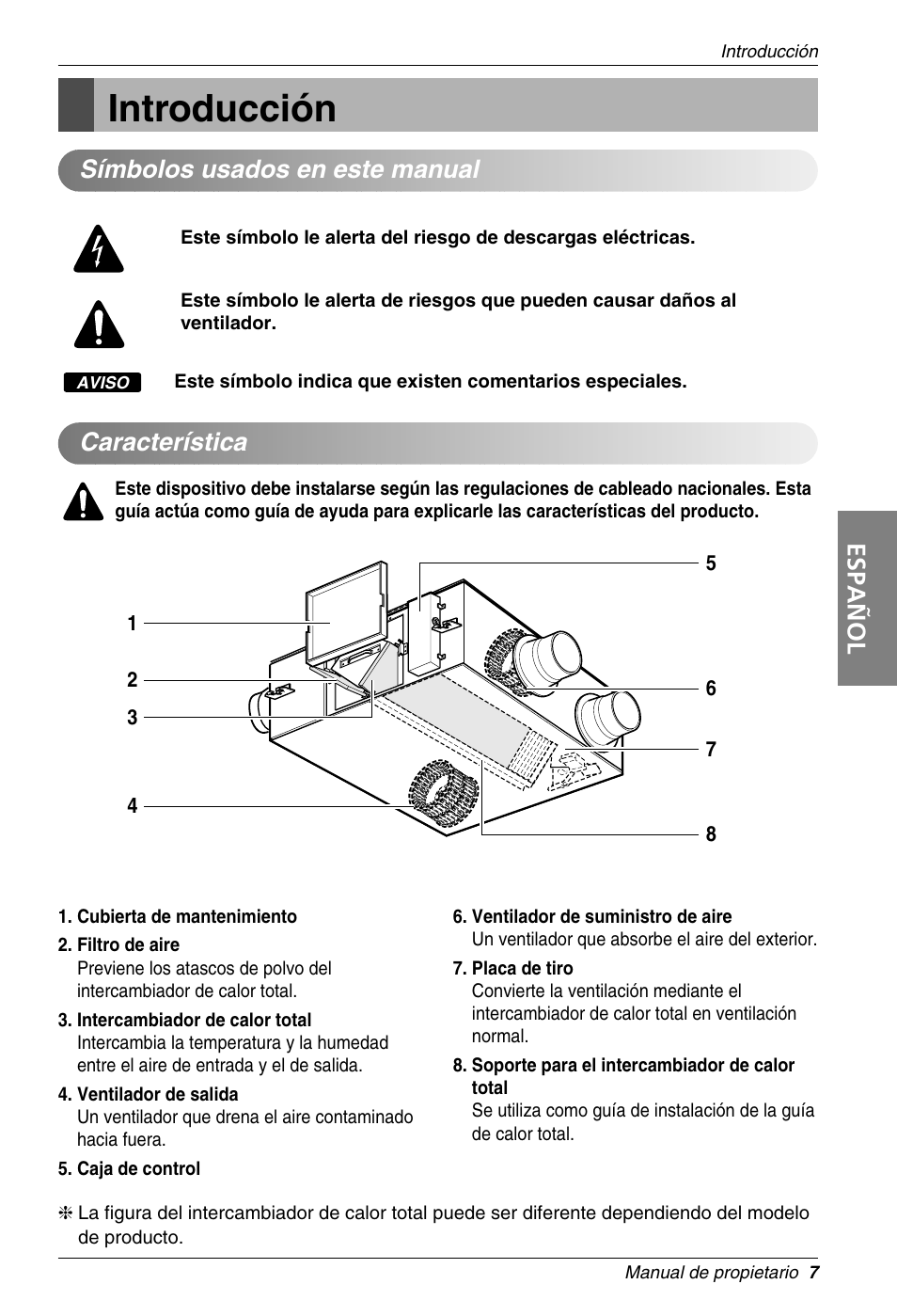 Introducción, Español, Característica | Símbolos usados en este manual | LG LZ-H100GBA1 User Manual | Page 7 / 23