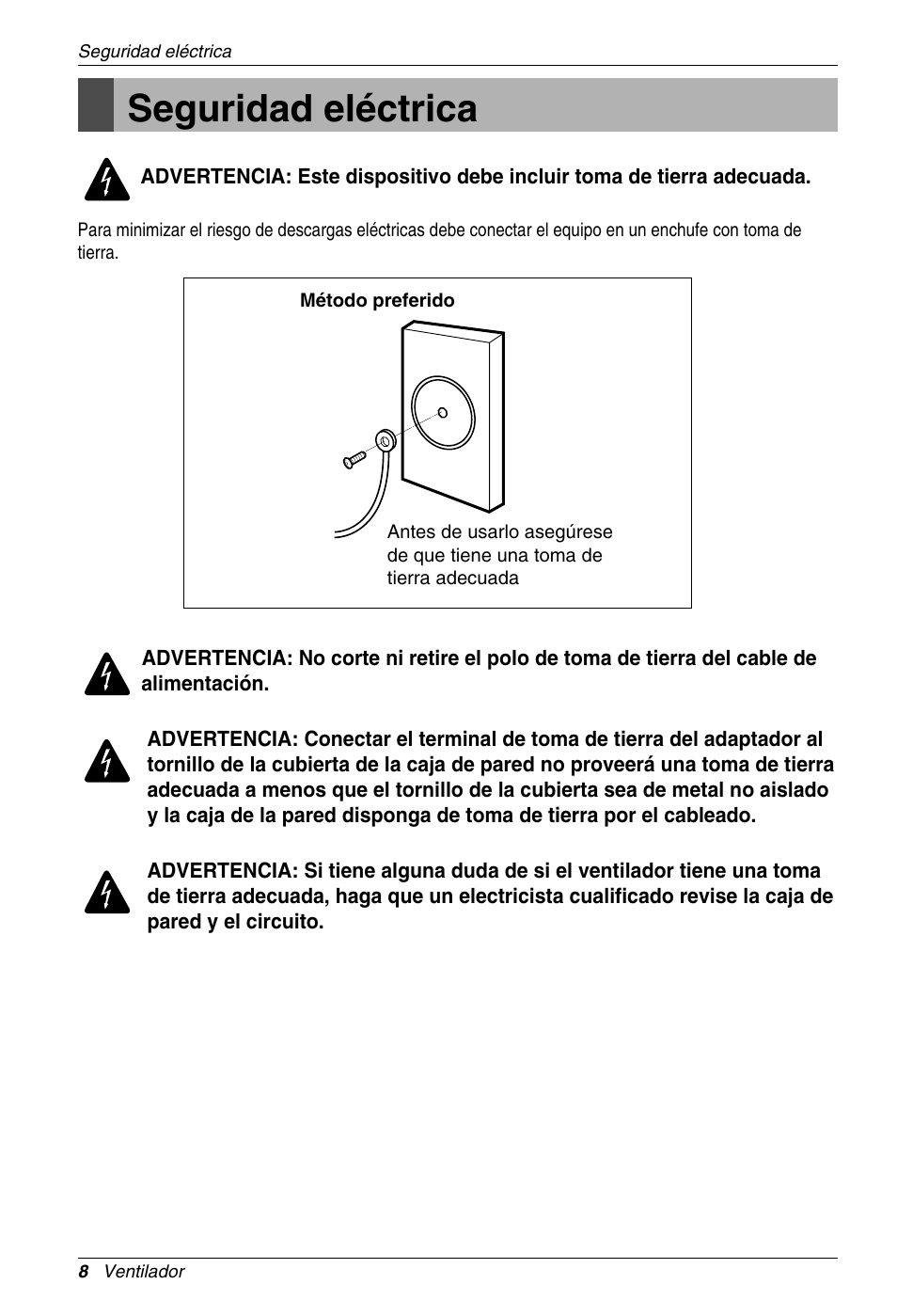 Seguridad eléctrica | LG LZ-H100GBA1 User Manual | Page 8 / 23