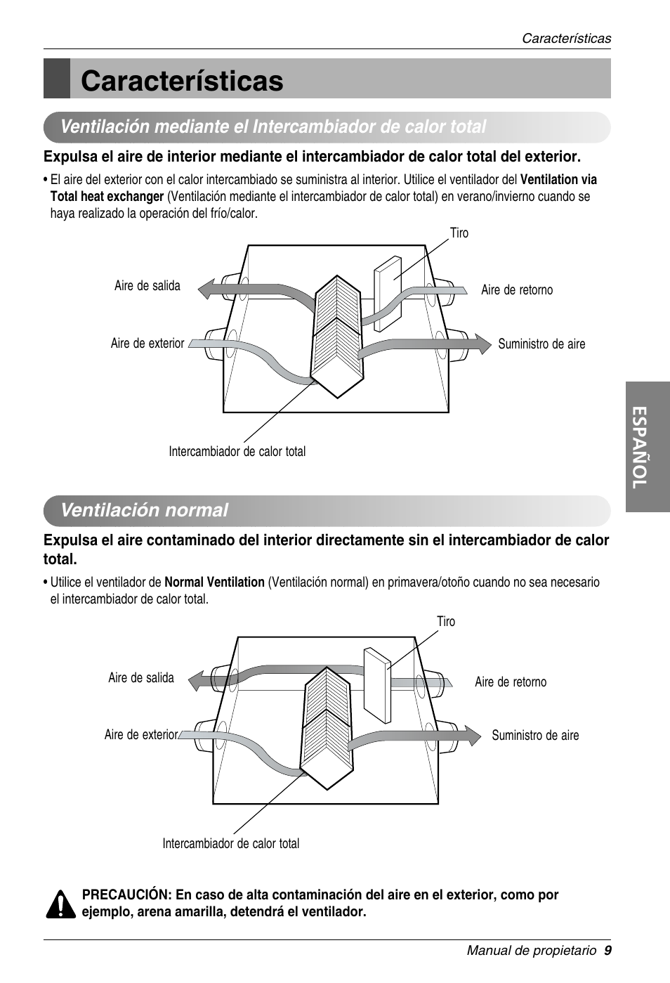 Características, Español, Ventilación normal | LG LZ-H100GBA1 User Manual | Page 9 / 23