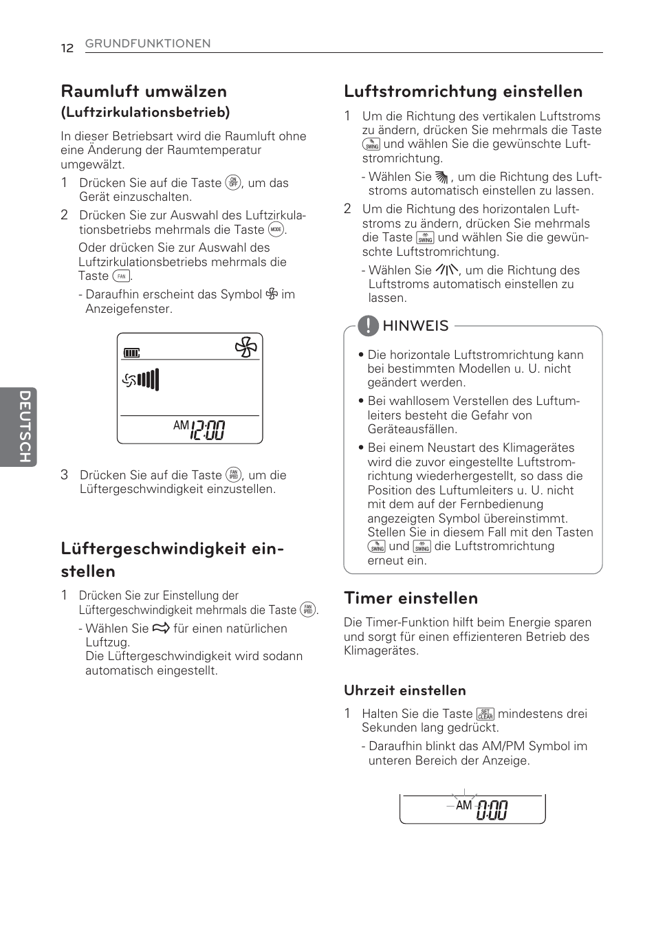 Raumluft umwälzen, Lüftergeschwindigkeit ein- stellen, Luftstromrichtung einstellen | Timer einstellen | LG MS07AQ User Manual | Page 100 / 221