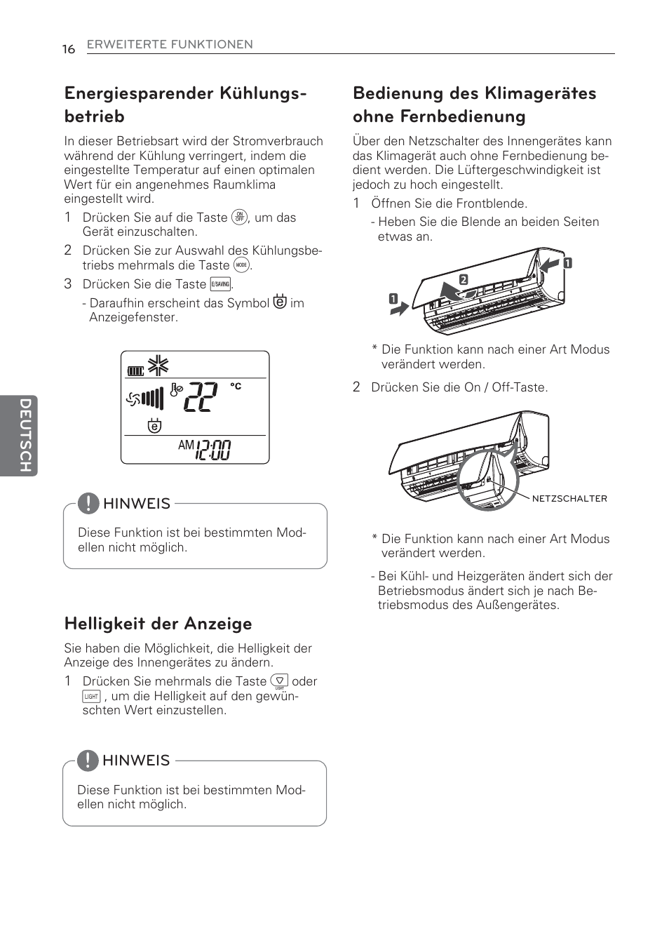 Energiesparender kühlungs- betrieb, Helligkeit der anzeige, Bedienung des klimagerätes ohne fernbedienung | LG MS07AQ User Manual | Page 104 / 221