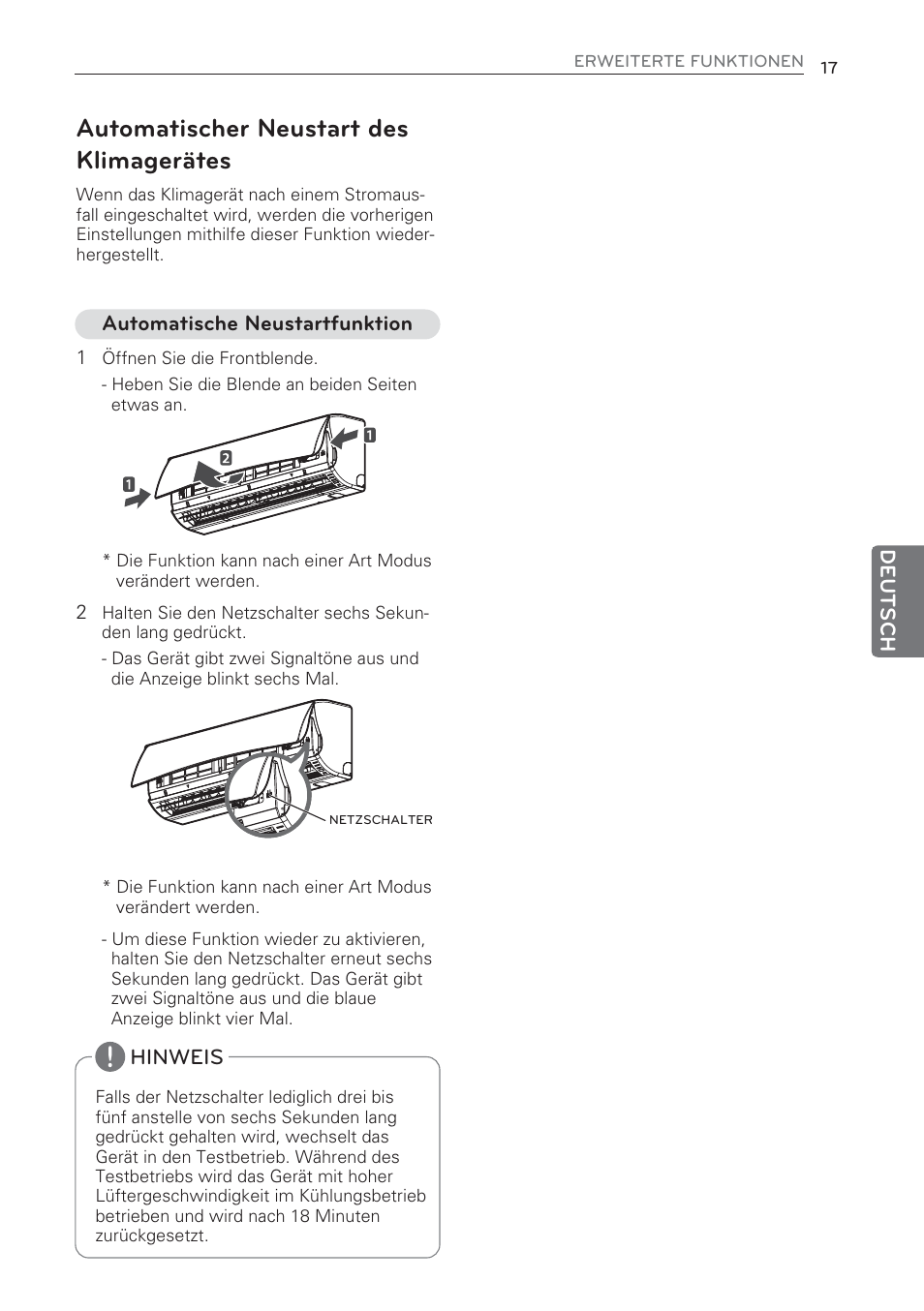 Automatischer neustart des klimagerätes | LG MS07AQ User Manual | Page 105 / 221