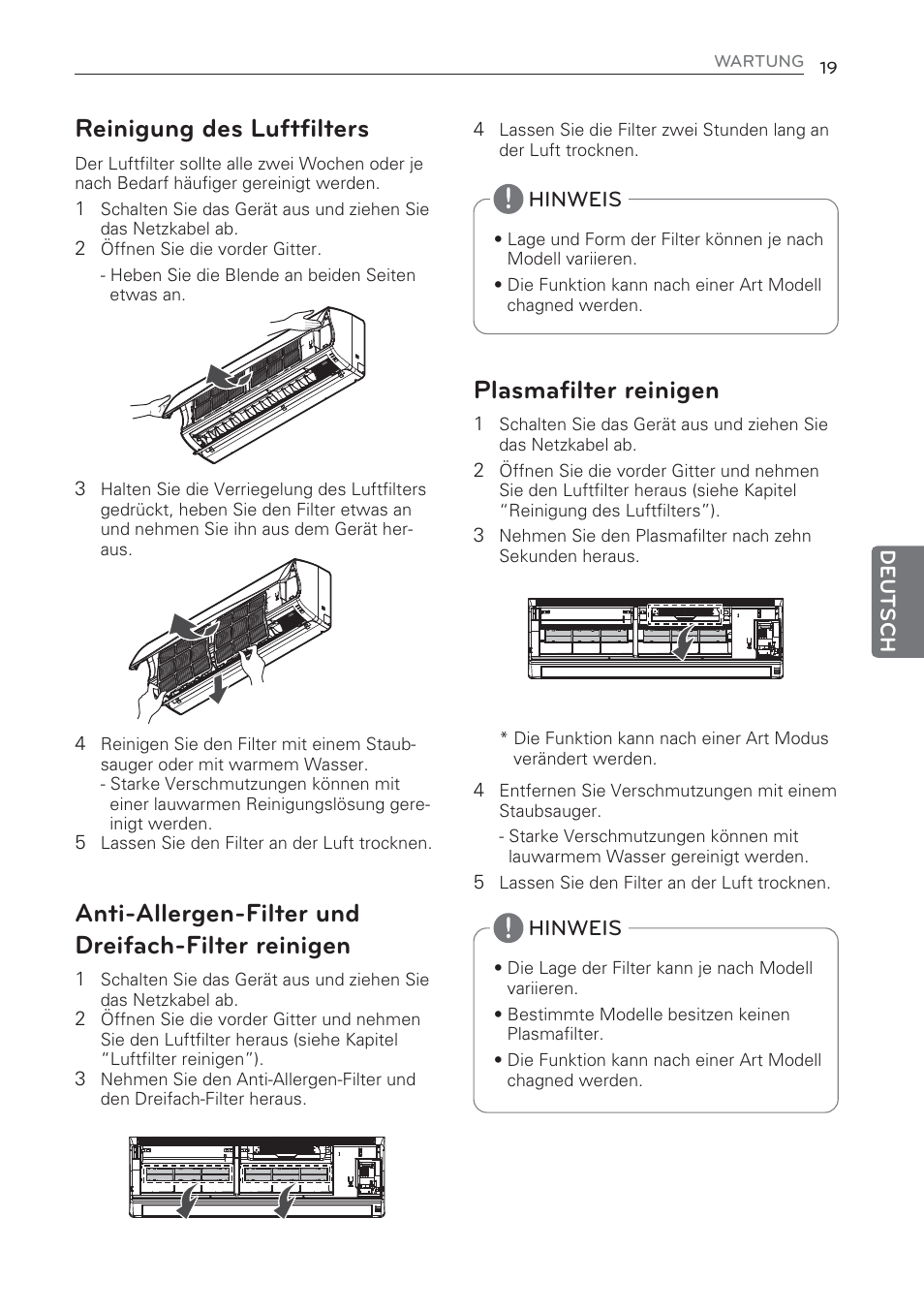 Reinigung des luftfilters, Anti-allergen-filter und dreifach-filter reinigen, Plasmafilter reinigen | LG MS07AQ User Manual | Page 107 / 221