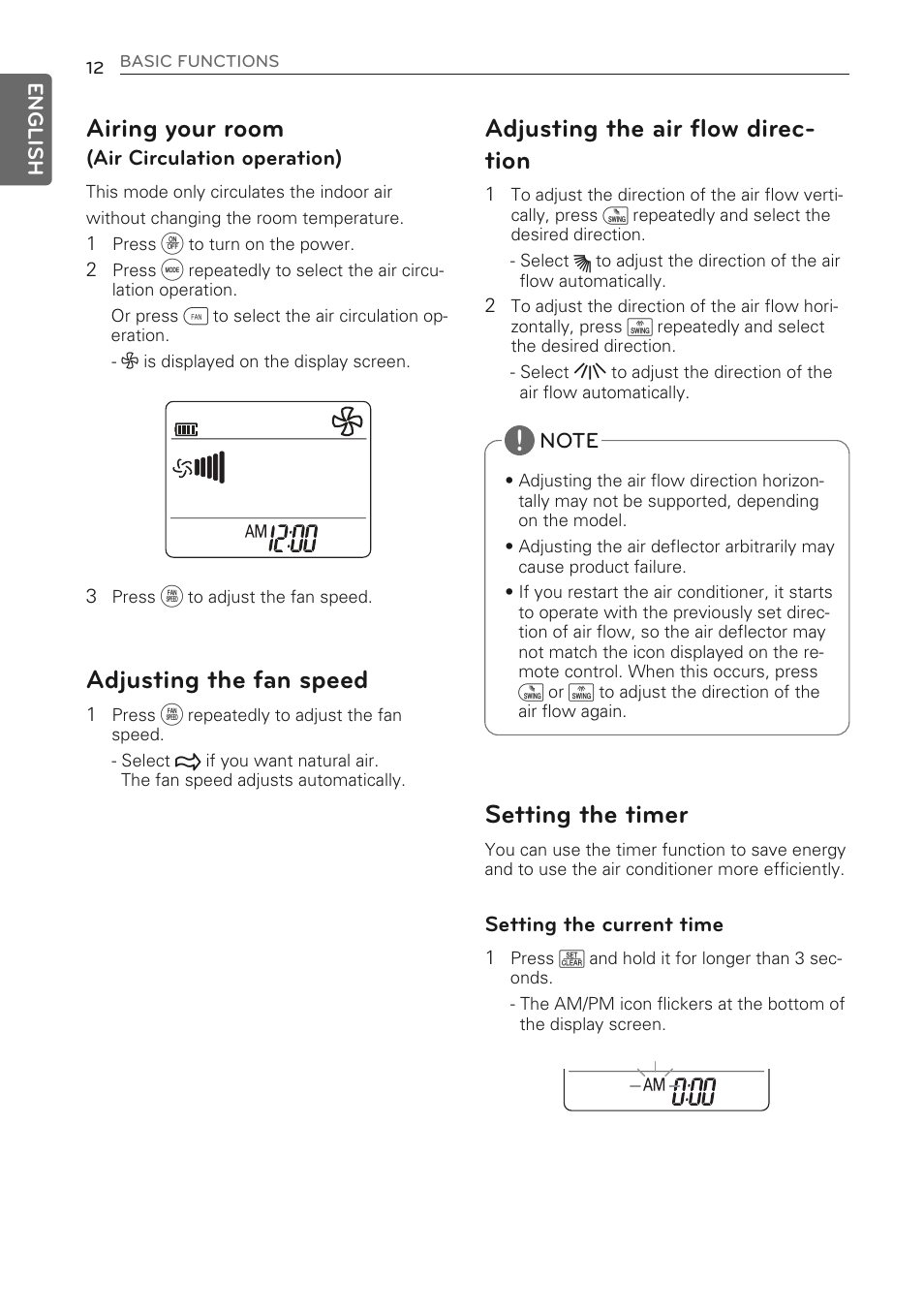 Airing your room, Adjusting the fan speed, Adjusting the air flow direc- tion | Setting the timer | LG MS07AQ User Manual | Page 12 / 221