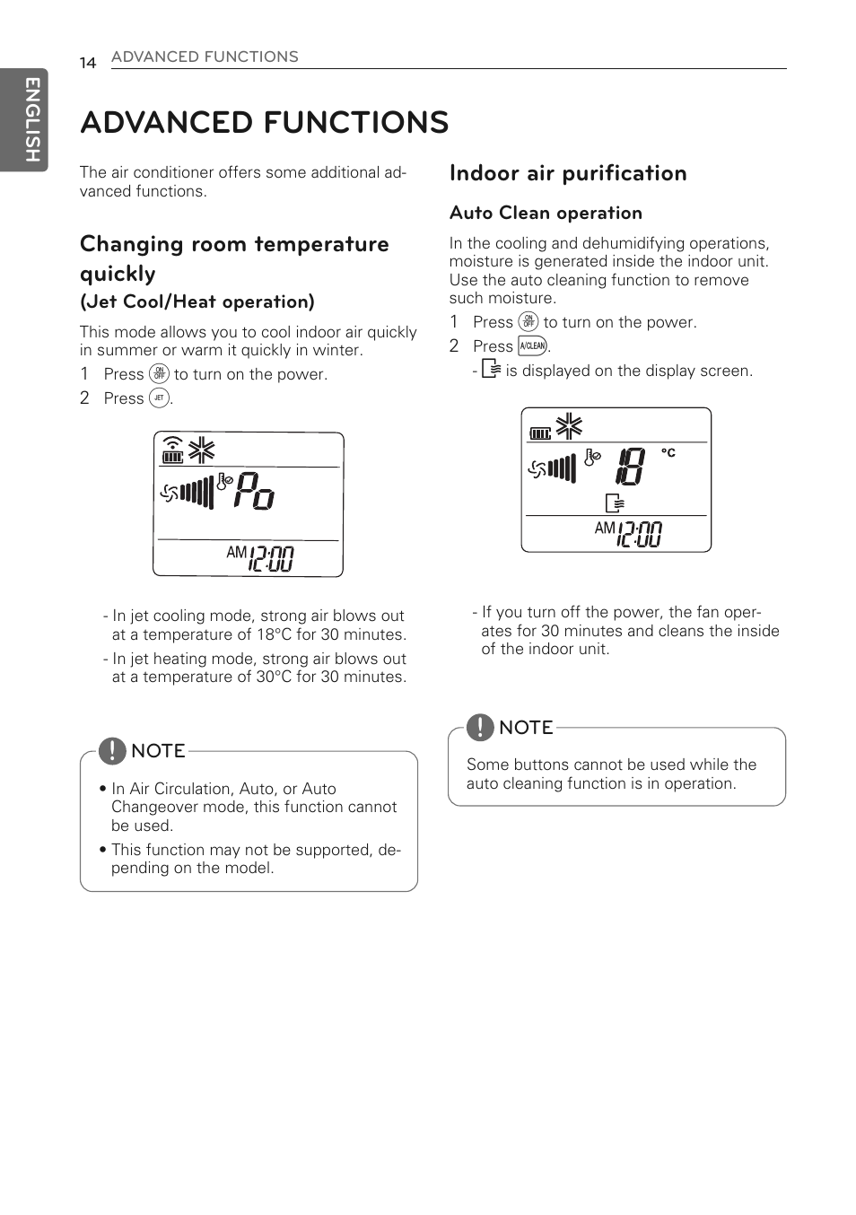 Advanced functions, Changing room temperature quickly, Indoor air purification | LG MS07AQ User Manual | Page 14 / 221