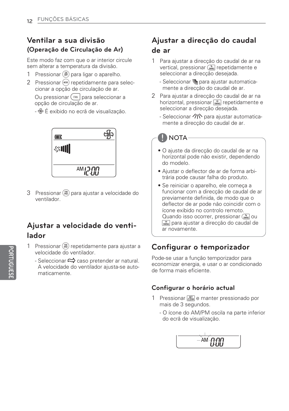 Ventilar a sua divisão, Ajustar a velocidade do venti- lador, Ajustar a direcção do caudal de ar | Configurar o temporizador | LG MS07AQ User Manual | Page 144 / 221