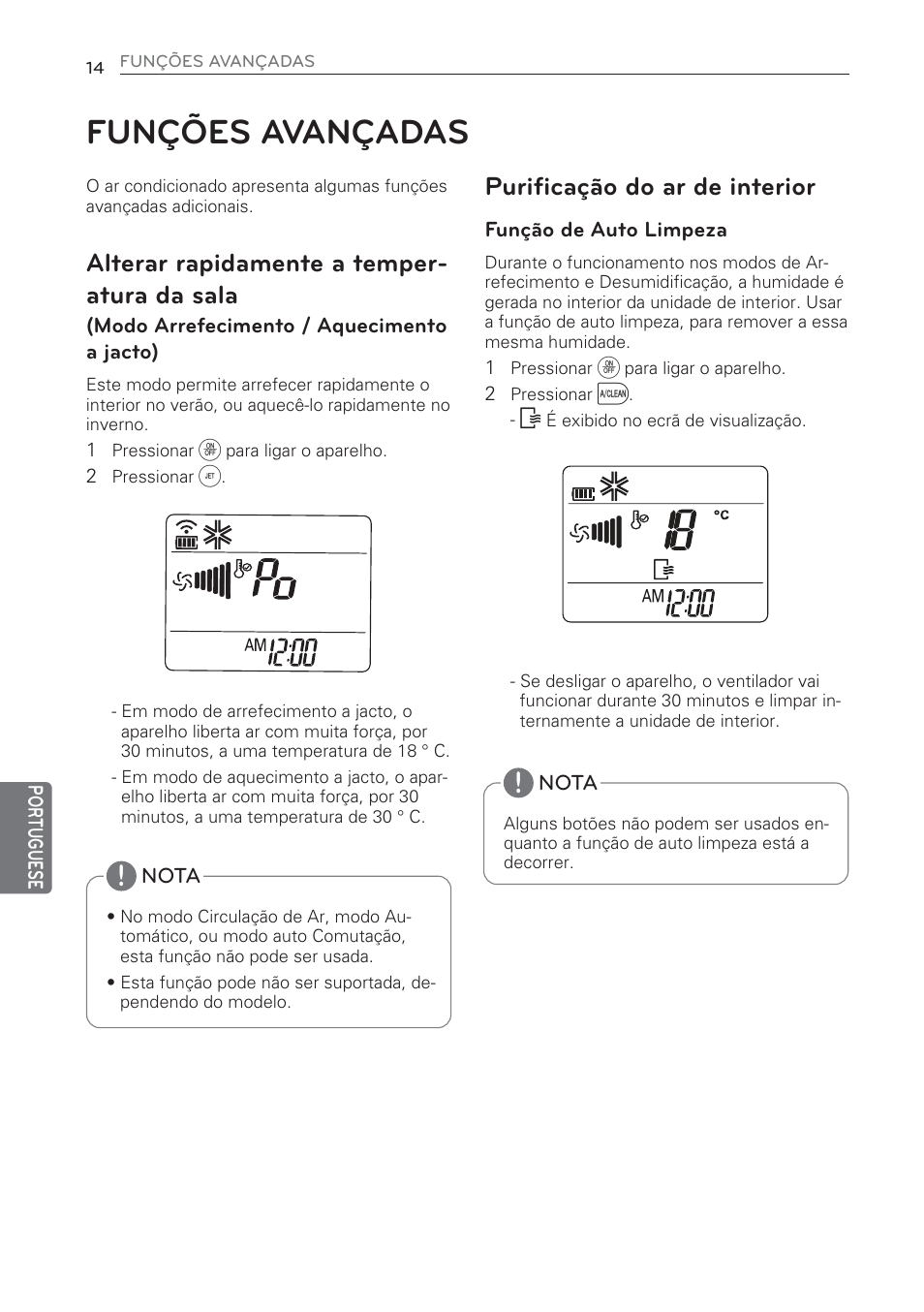 Funções avançadas, Alterar rapidamente a temper- atura da sala, Purificação do ar de interior | LG MS07AQ User Manual | Page 146 / 221