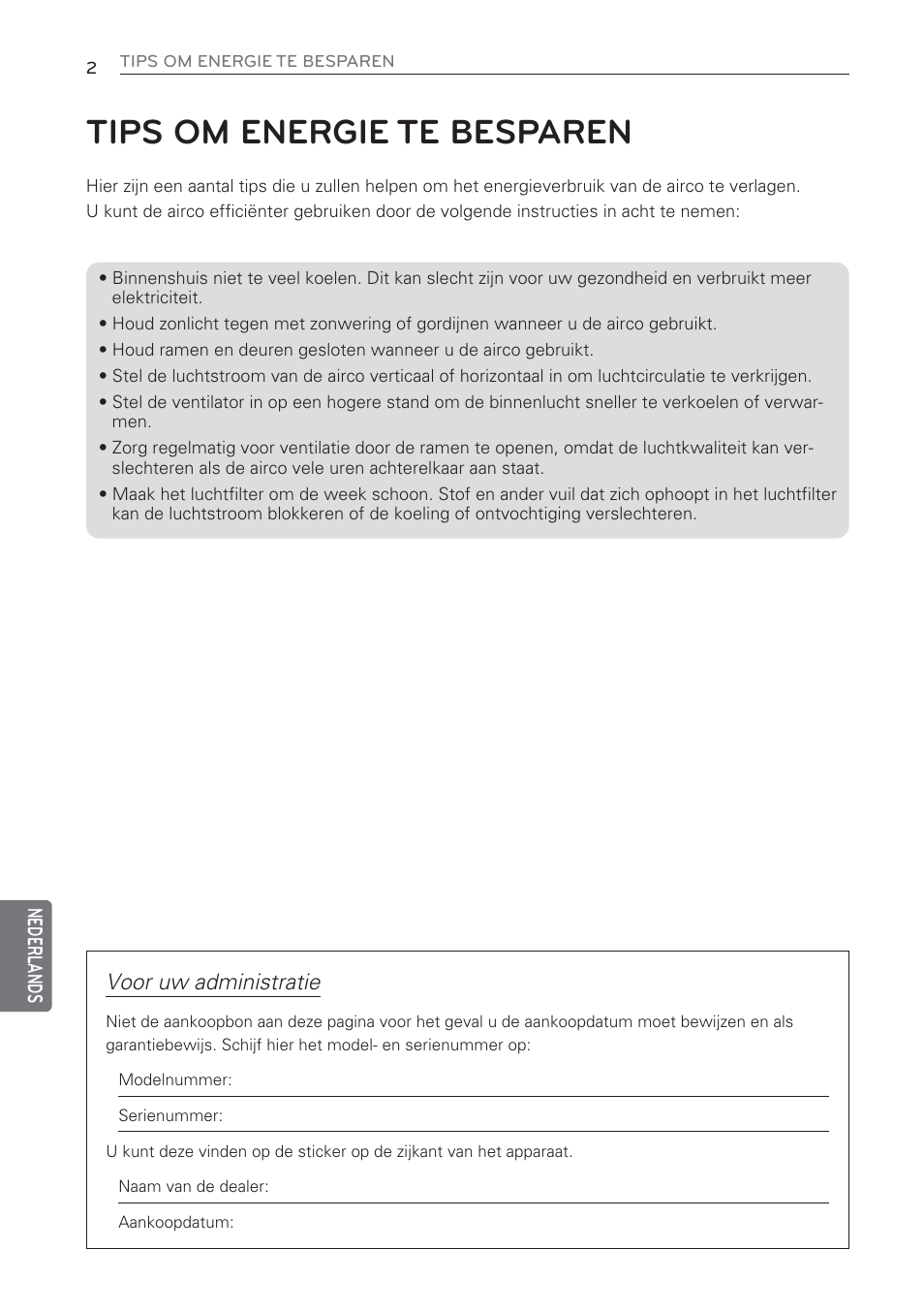 Tips om energie te besparen, Voor uw administratie | LG MS07AQ User Manual | Page 156 / 221