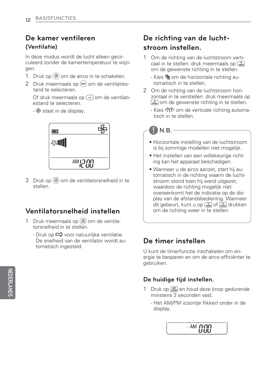 De kamer ventileren, Ventilatorsnelheid instellen, De richting van de lucht- stroom instellen | De timer instellen | LG MS07AQ User Manual | Page 166 / 221