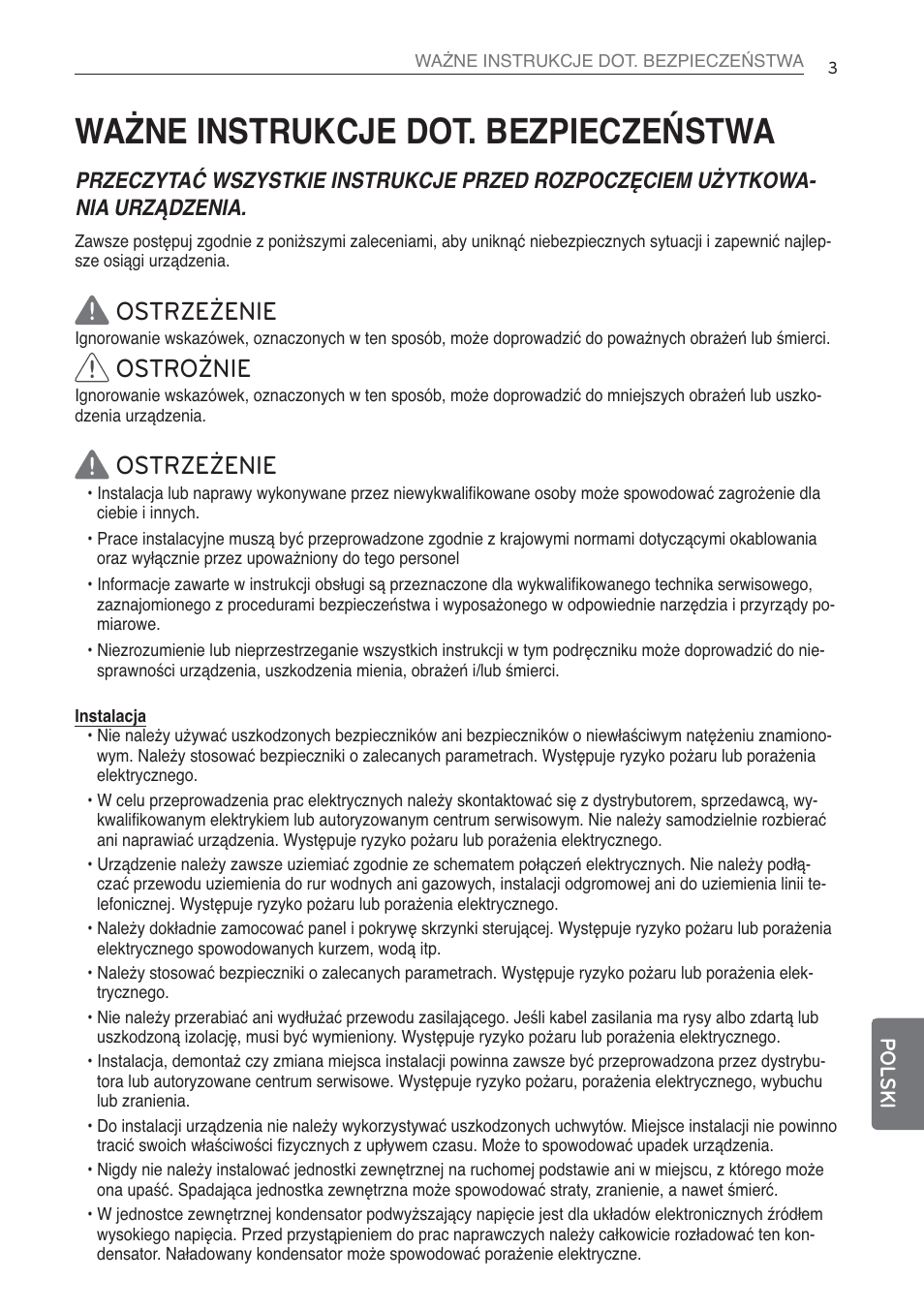 Ważne instrukcje dot. bezpieczeństwa, Ostrzeżenie, Ostrożnie | LG MS07AQ User Manual | Page 179 / 221