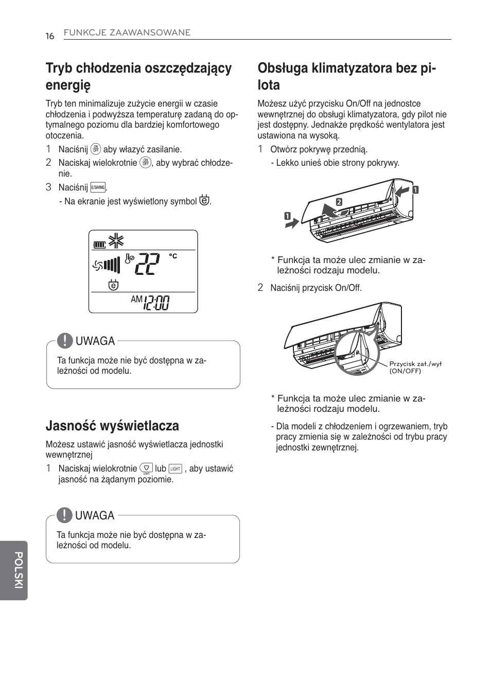 Tryb chłodzenia oszczędzający energię, Jasność wyświetlacza, Obsługa klimatyzatora bez pi- lota | LG MS07AQ User Manual | Page 192 / 221