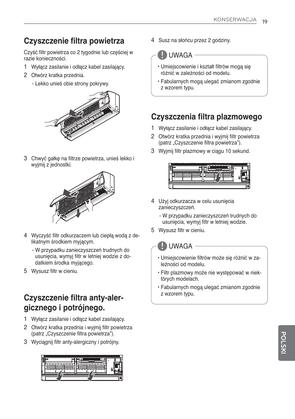 Czyszczenie filtra powietrza, Czyszczenia filtra plazmowego | LG MS07AQ User Manual | Page 195 / 221