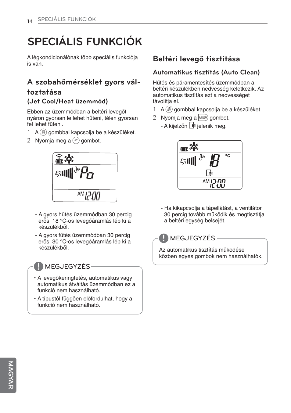 Speciális funkciók, A szobahőmérséklet gyors vál- toztatása, Beltéri levegő tisztítása | LG MS07AQ User Manual | Page 212 / 221