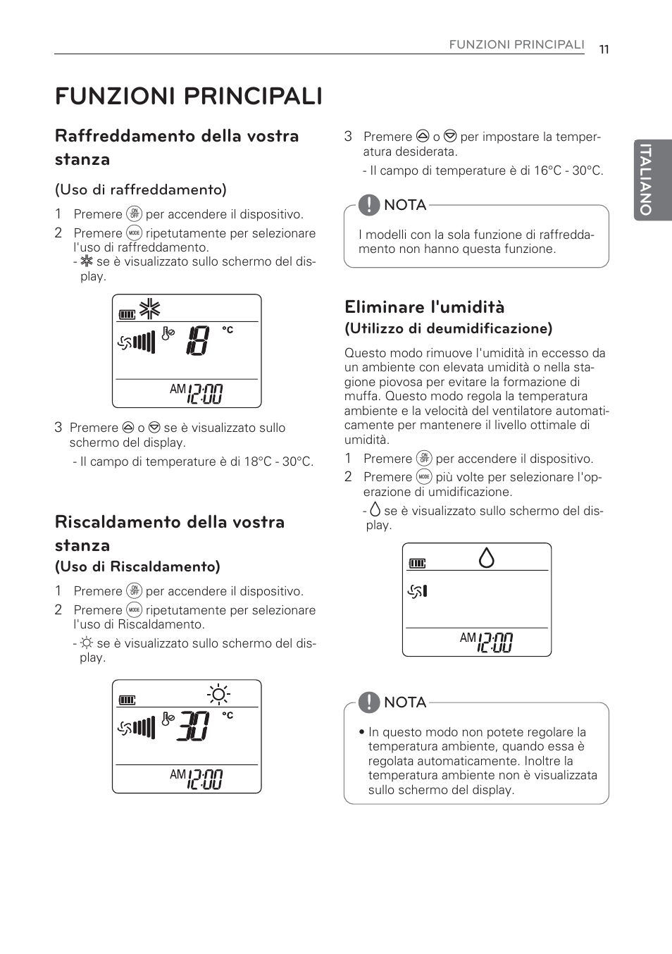 Funzioni principali, Raffreddamento della vostra stanza, Riscaldamento della vostra stanza | Eliminare l'umidità | LG MS07AQ User Manual | Page 33 / 221