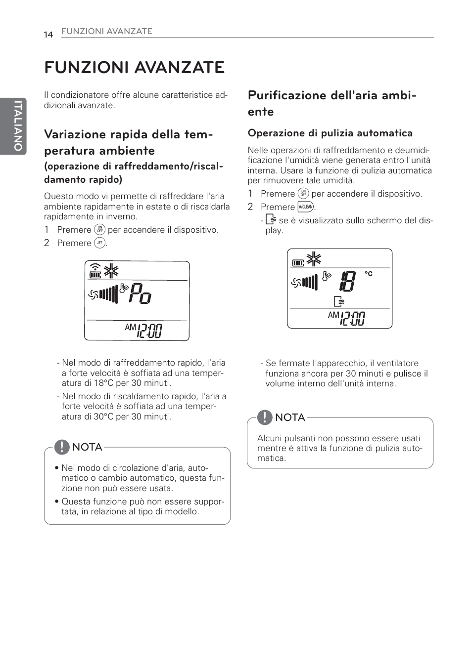 Funzioni avanzate, Variazione rapida della tem- peratura ambiente, Purificazione dell'aria ambi- ente | LG MS07AQ User Manual | Page 36 / 221