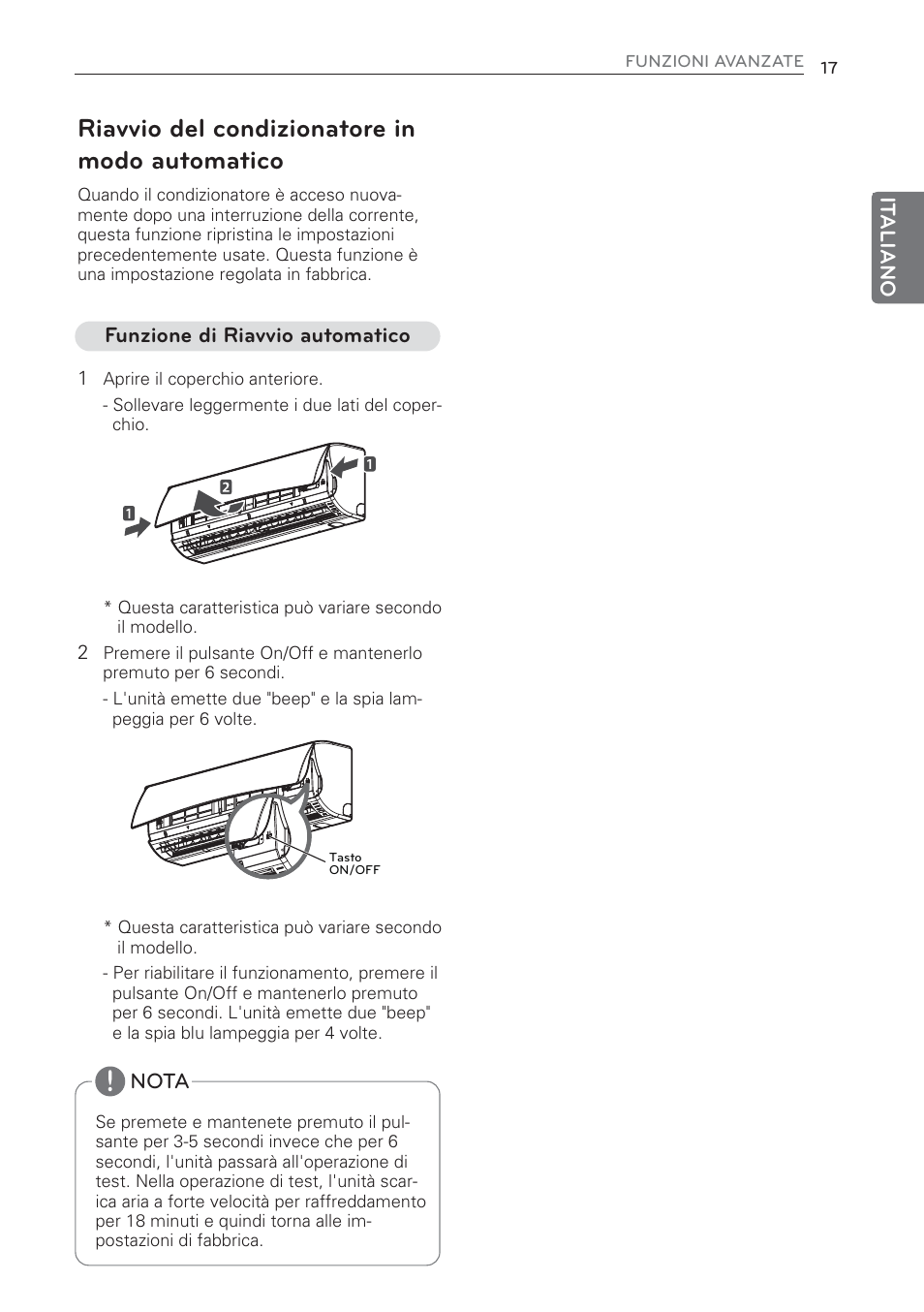 Riavvio del condizionatore in modo automatico | LG MS07AQ User Manual | Page 39 / 221