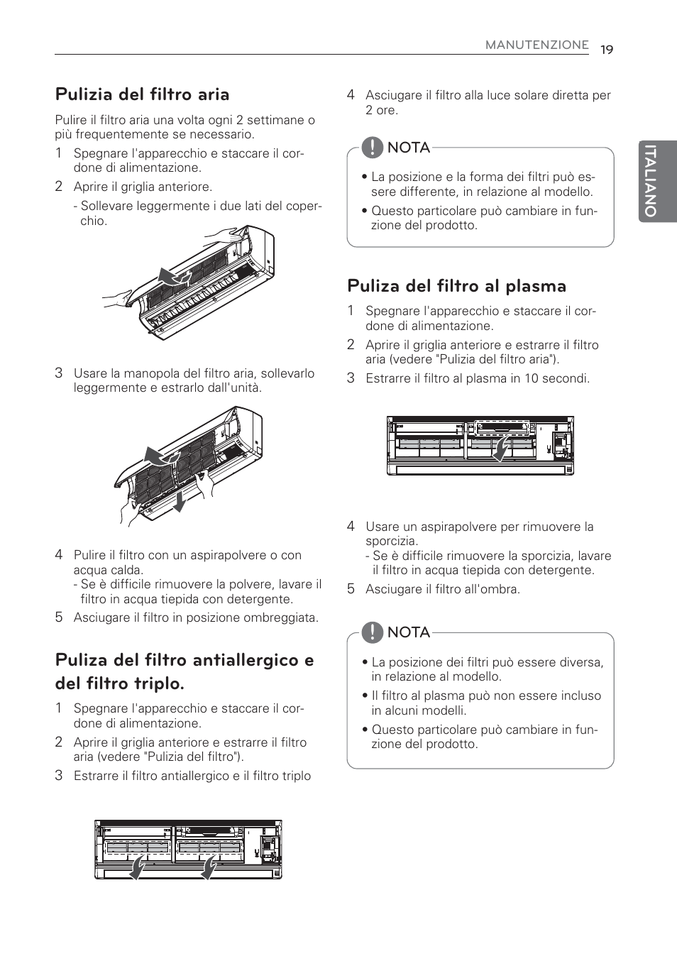 Pulizia del filtro aria, Puliza del filtro al plasma | LG MS07AQ User Manual | Page 41 / 221