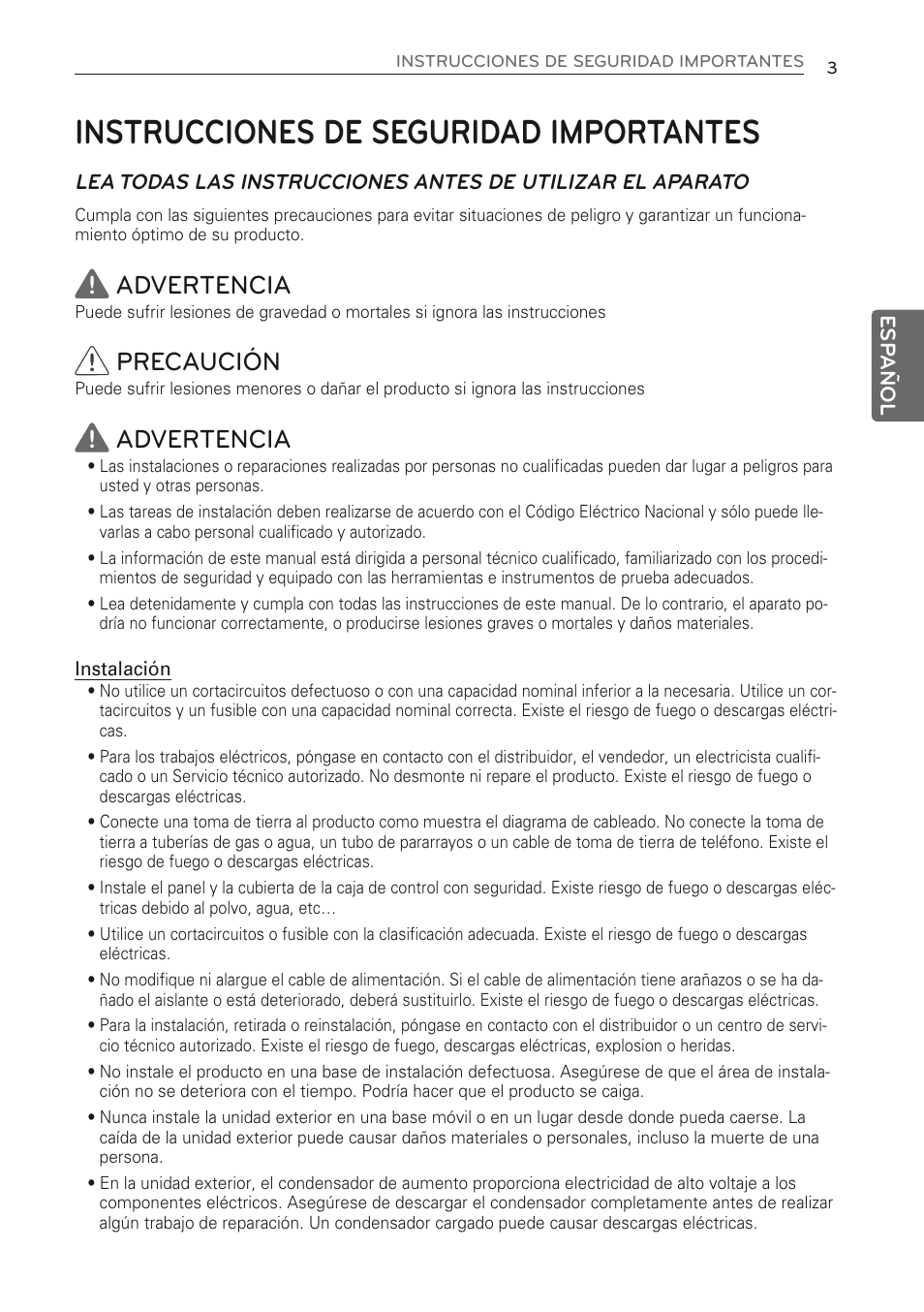 Instrucciones de seguridad importantes, Advertencia, Precaución | LG MS07AQ User Manual | Page 47 / 221