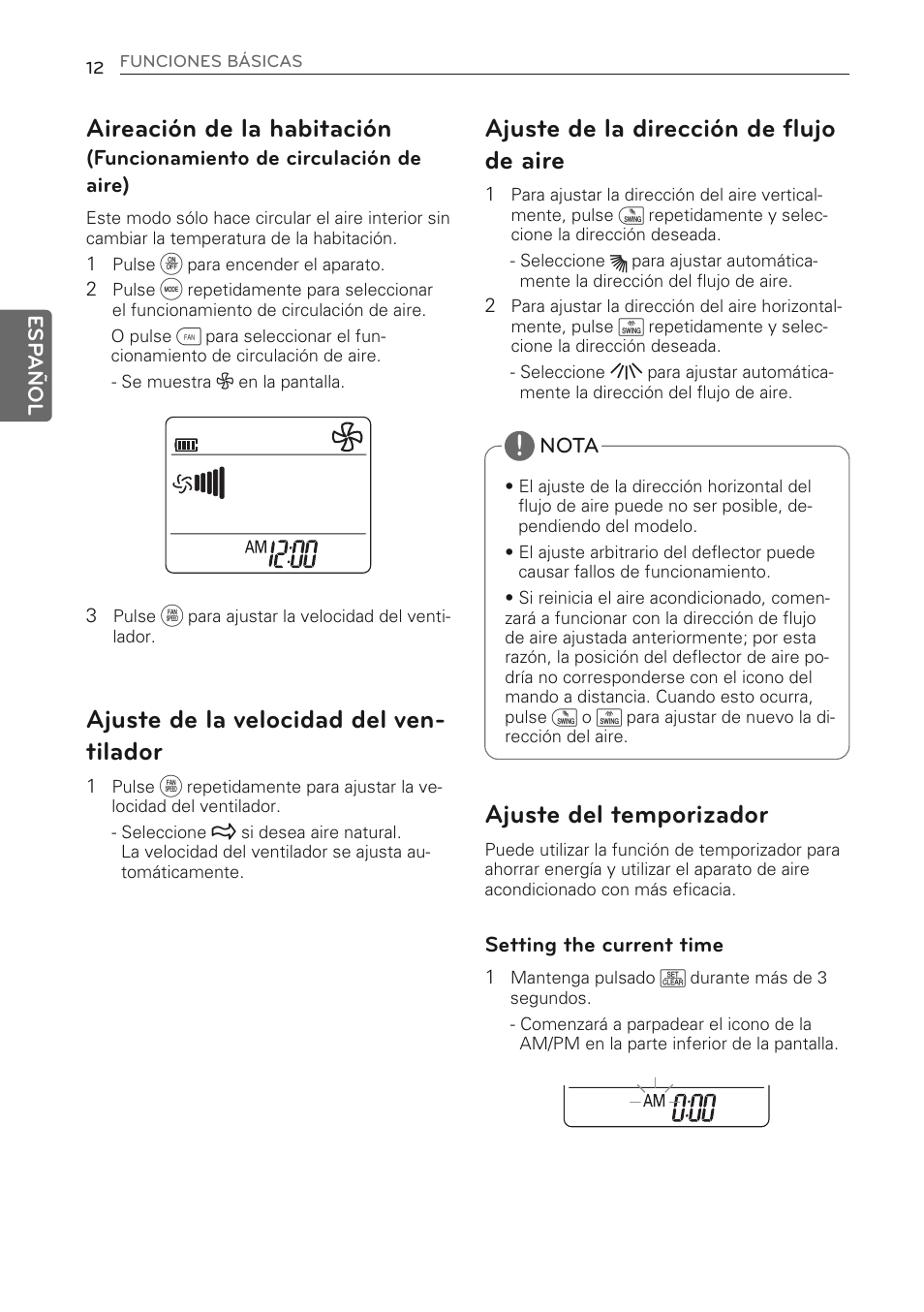 Aireación de la habitación, Ajuste de la velocidad del ven- tilador, Ajuste de la dirección de flujo de aire | Ajuste del temporizador | LG MS07AQ User Manual | Page 56 / 221