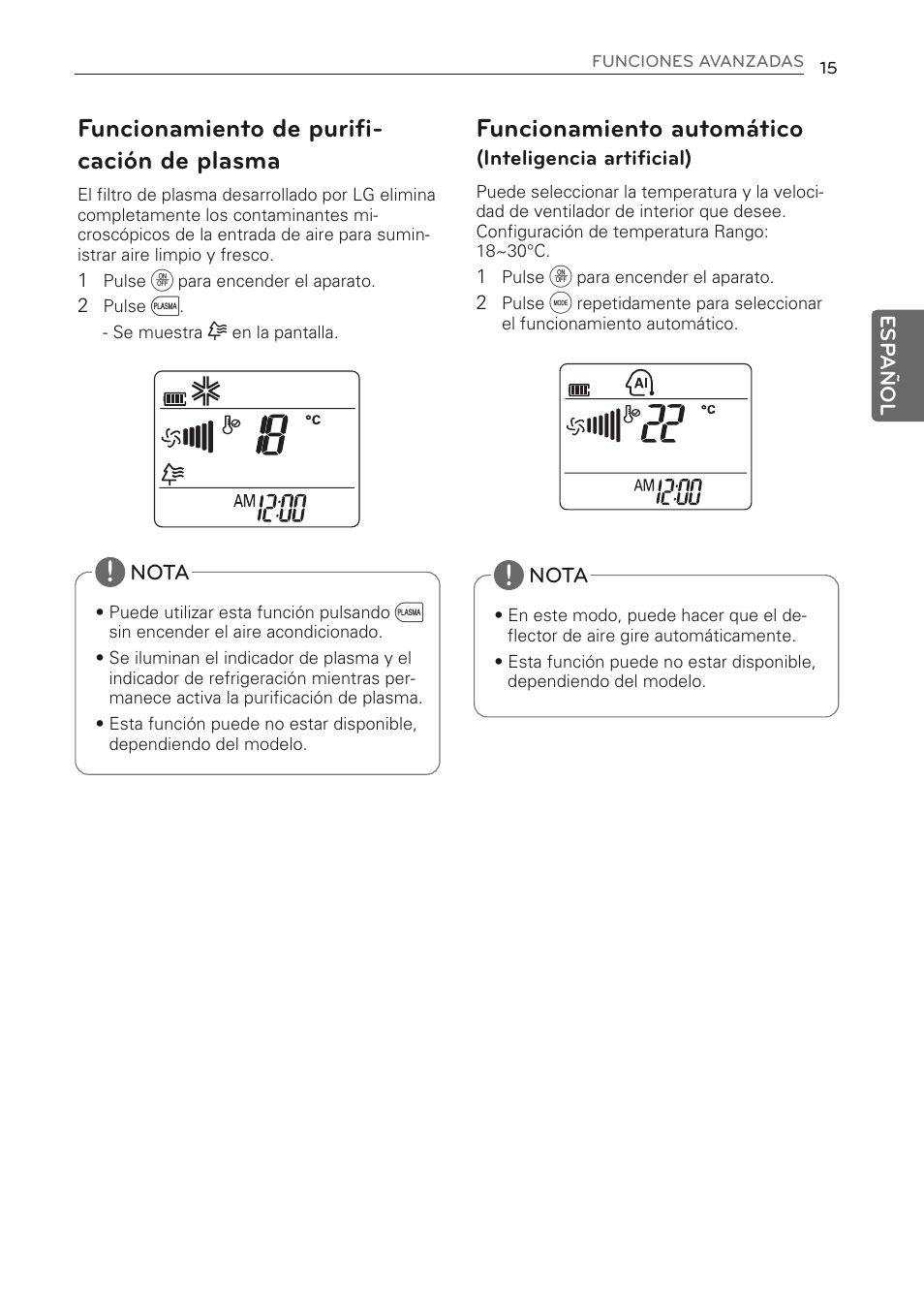 Funcionamiento de purifi- cación de plasma, Funcionamiento automático | LG MS07AQ User Manual | Page 59 / 221