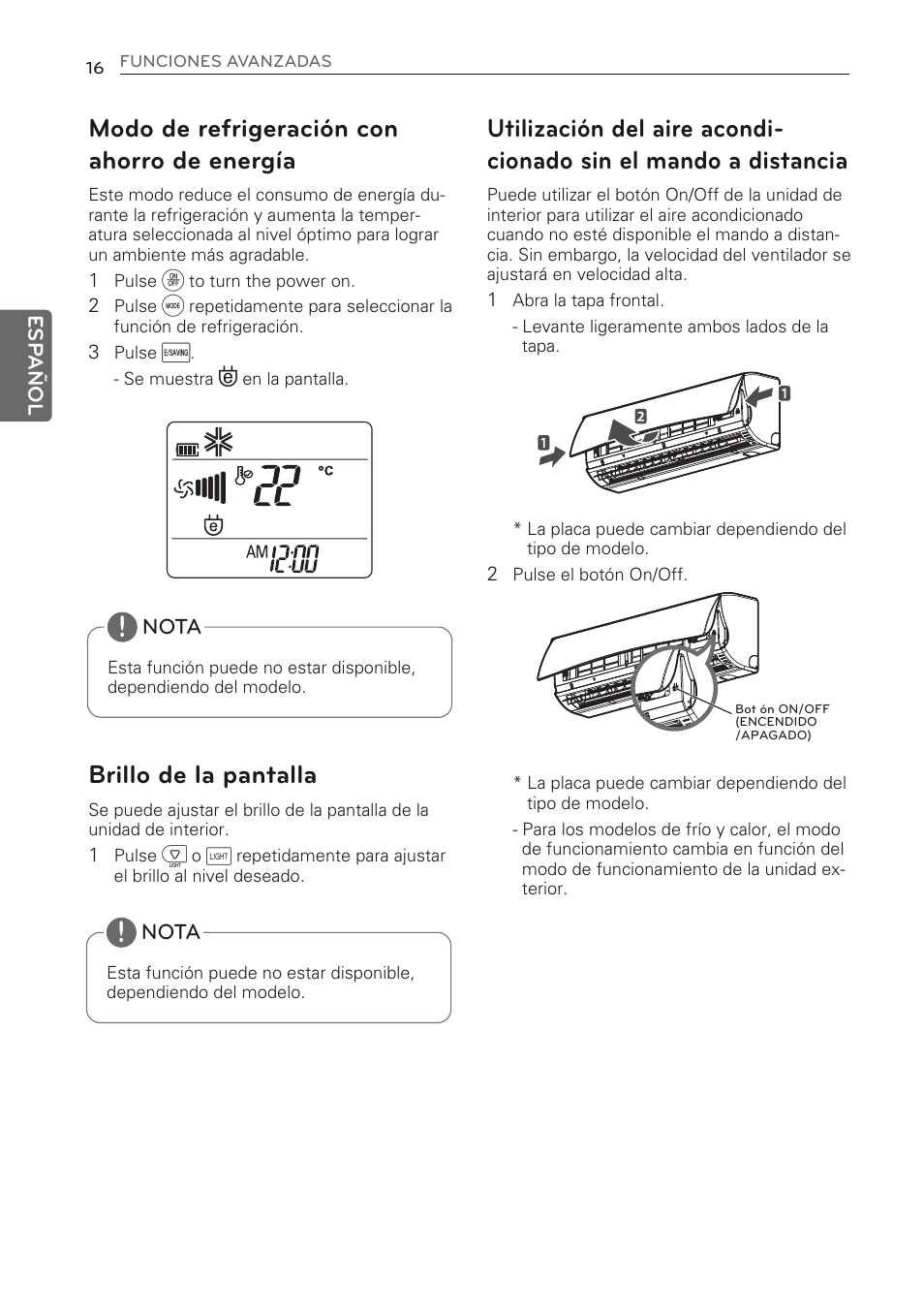 Modo de refrigeración con ahorro de energía, Brillo de la pantalla | LG MS07AQ User Manual | Page 60 / 221
