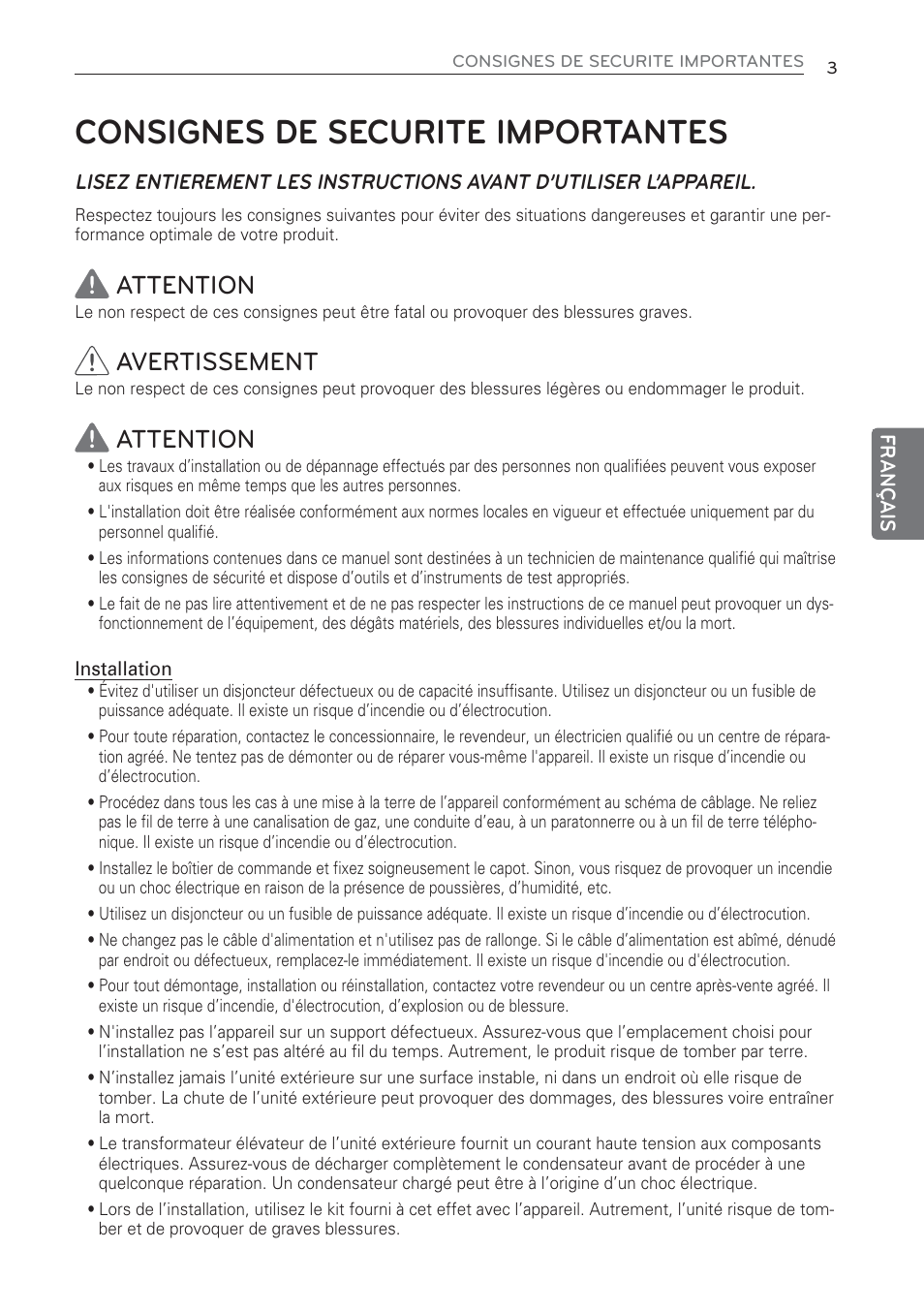 Consignes de securite importantes, Attention, Avertissement | LG MS07AQ User Manual | Page 69 / 221