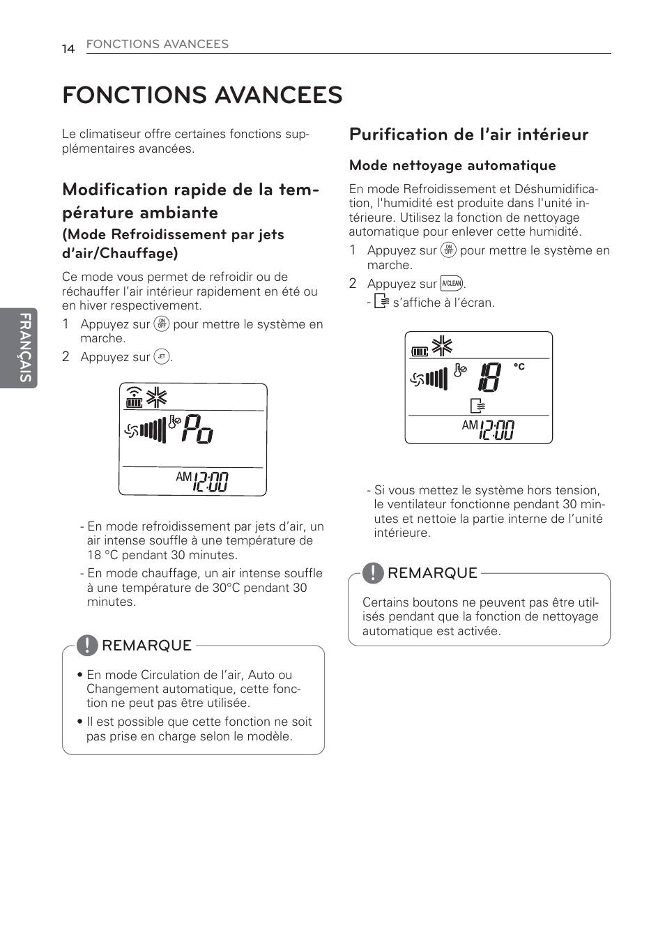 Fonctions avancees, Modification rapide de la tem- pérature ambiante, Purification de l’air intérieur | LG MS07AQ User Manual | Page 80 / 221