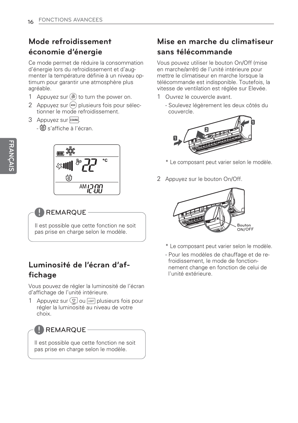 Mode refroidissement économie d’énergie, Luminosité de l’écran d’af- fichage, Mise en marche du climatiseur sans télécommande | LG MS07AQ User Manual | Page 82 / 221
