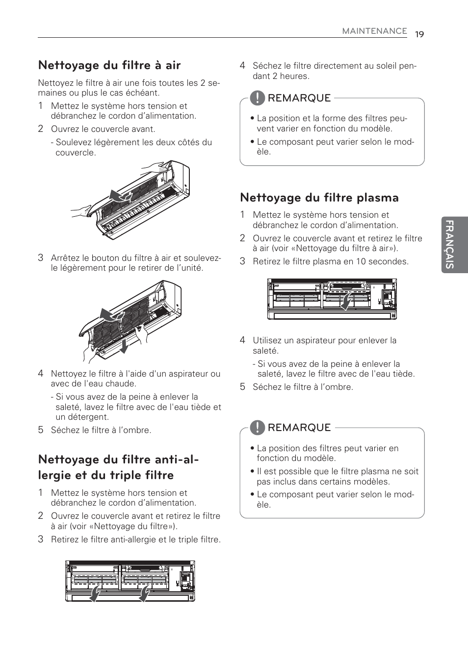 Nettoyage du filtre à air, Nettoyage du filtre plasma | LG MS07AQ User Manual | Page 85 / 221