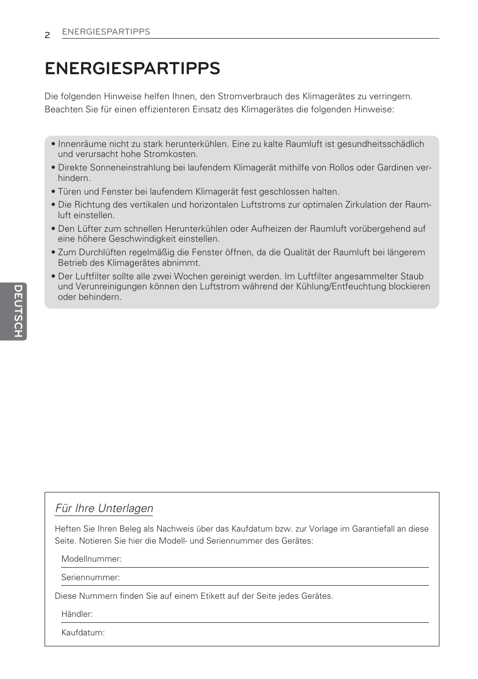 Energiespartipps, Für ihre unterlagen | LG MS07AQ User Manual | Page 90 / 221